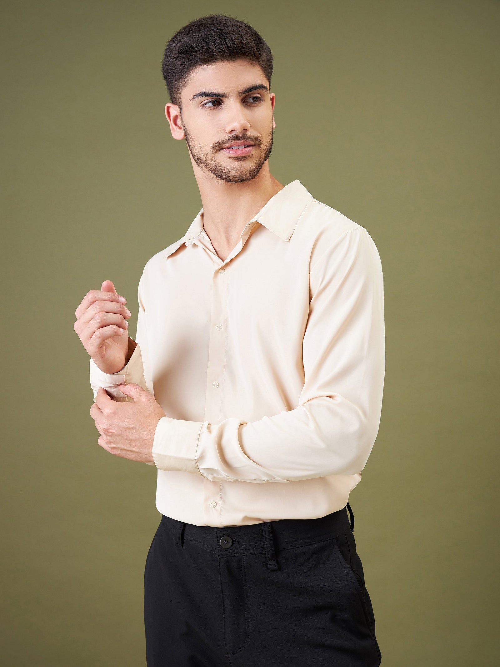 Unisex Beige Satin Relax Fit Shirt-MASCLN SASSAFRAS