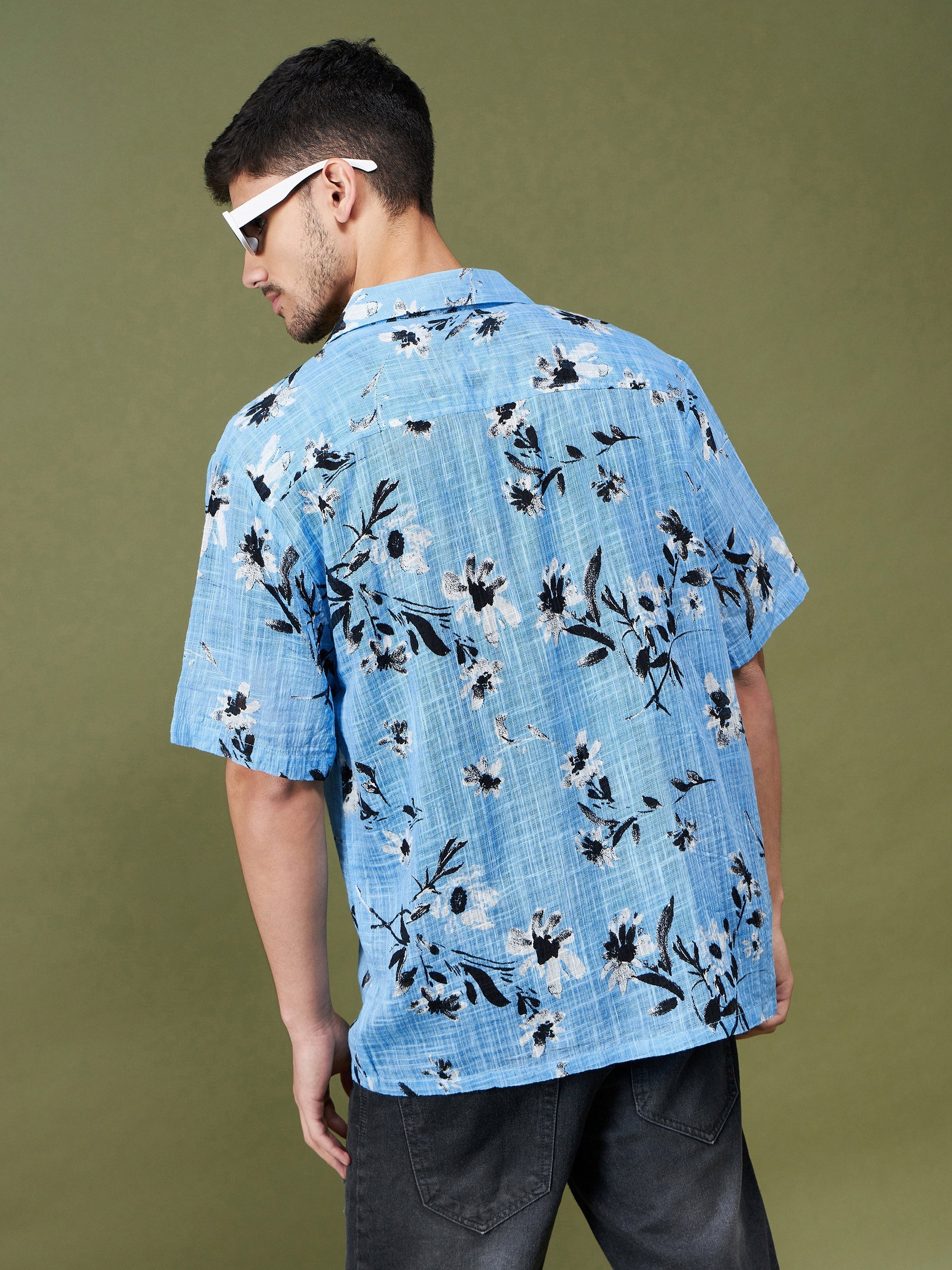 Unisex Sea Green & Black Floral Relax Fit Shirt