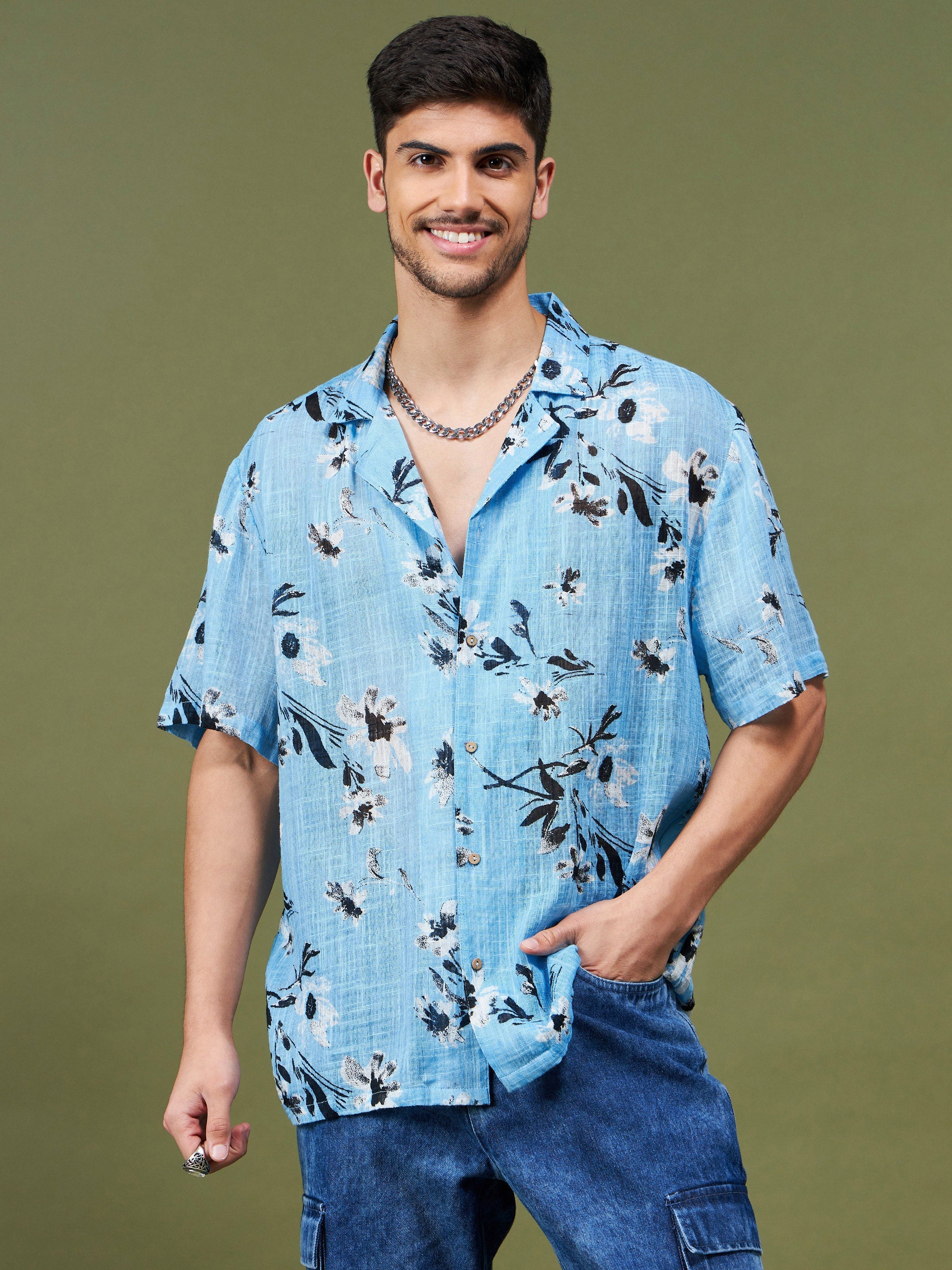 Unisex Sea Green & Black Floral Relax Fit Shirt