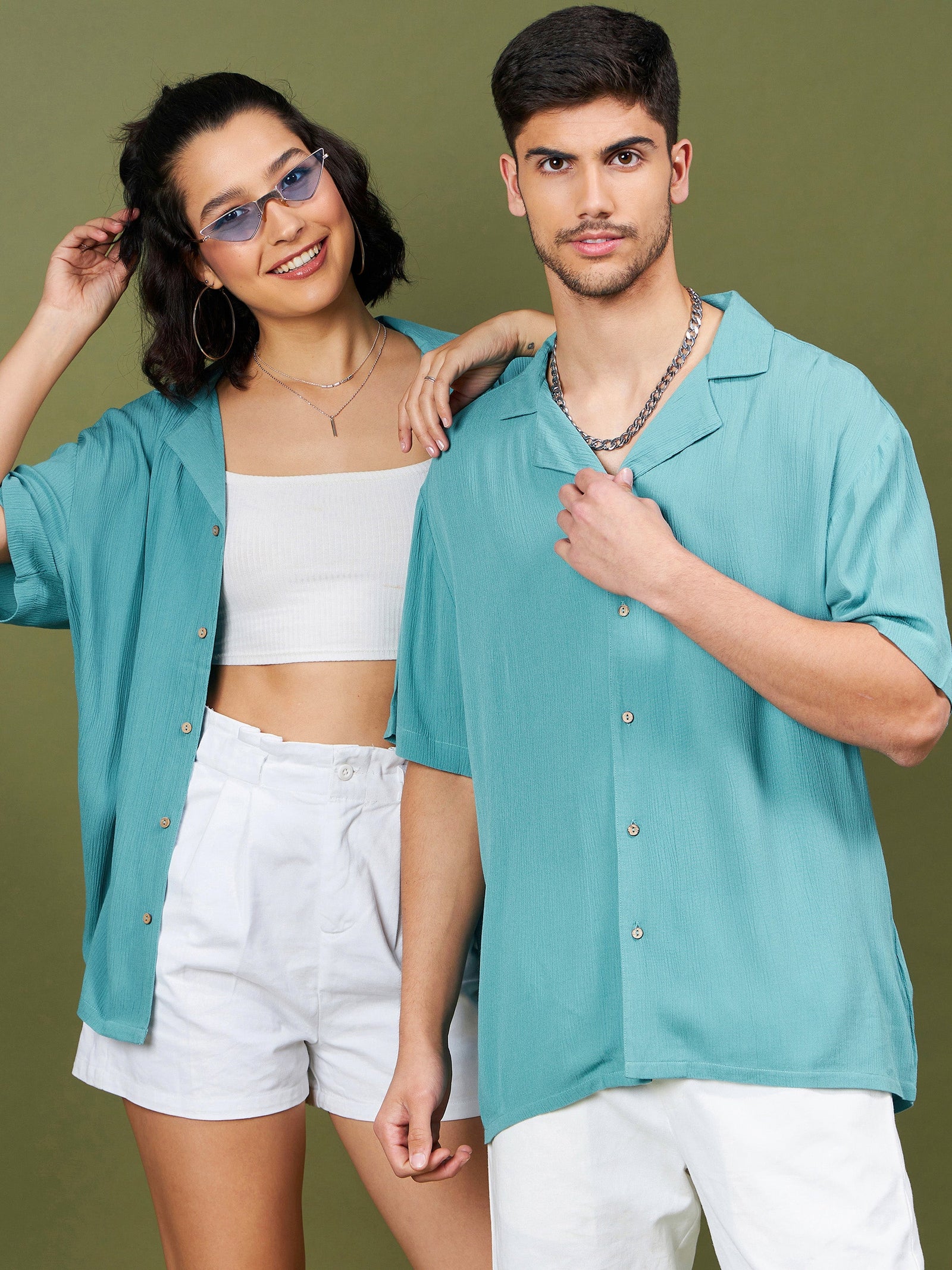 Unisex Teal Blue Solid Relax Fit Shirt-MASCLN SASSAFRAS