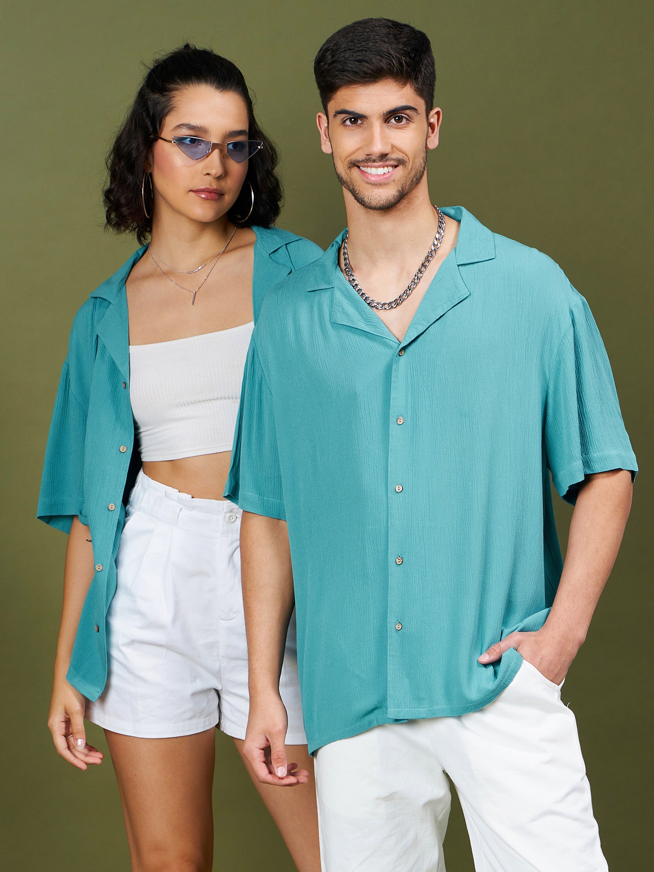 Unisex Teal Blue Solid Relax Fit Shirt-MASCLN SASSAFRAS