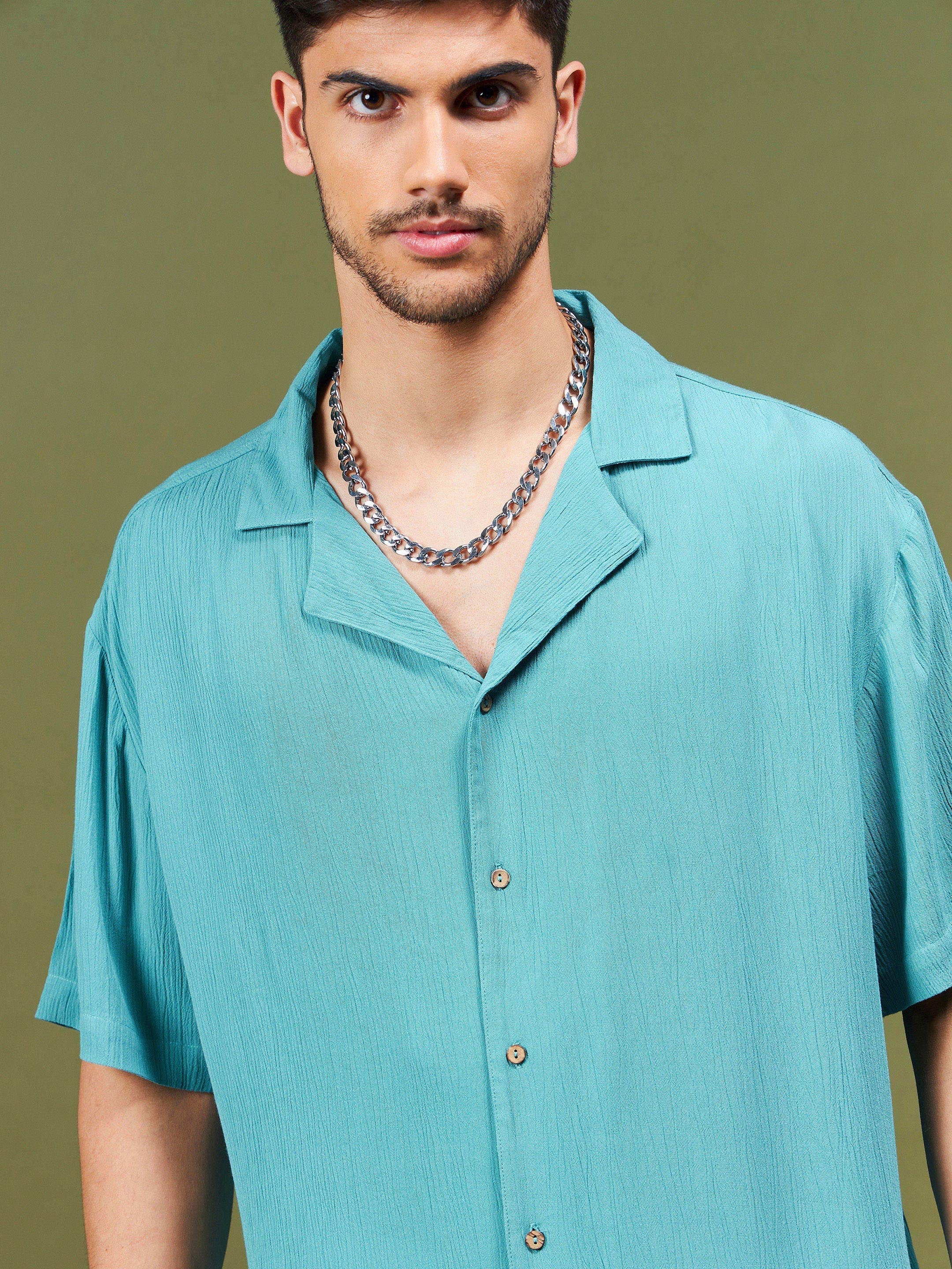 Unisex Teal Blue Solid Relax Fit Shirt-MASCLN SASSAFRAS