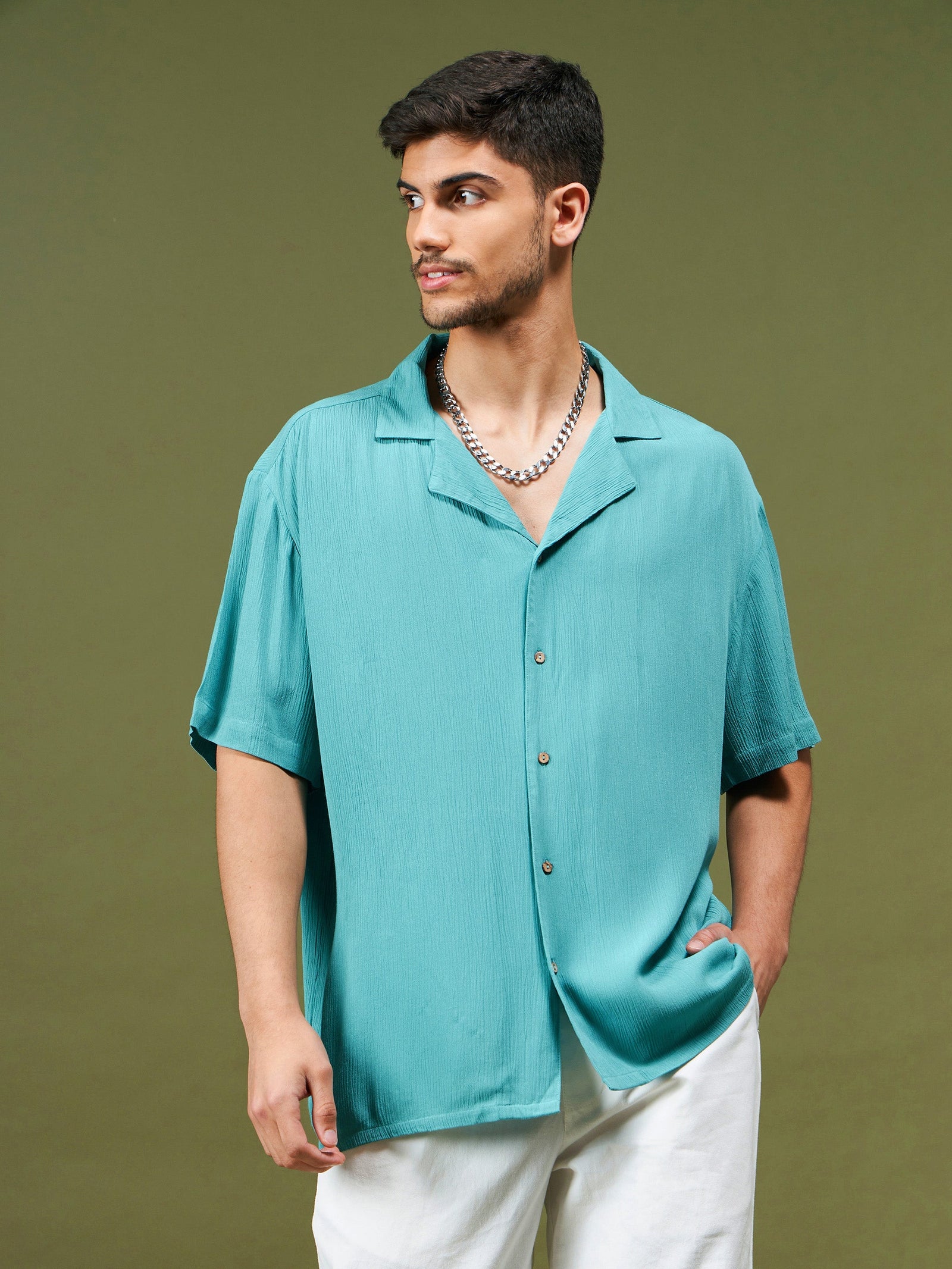 Unisex Teal Blue Solid Relax Fit Shirt-MASCLN SASSAFRAS