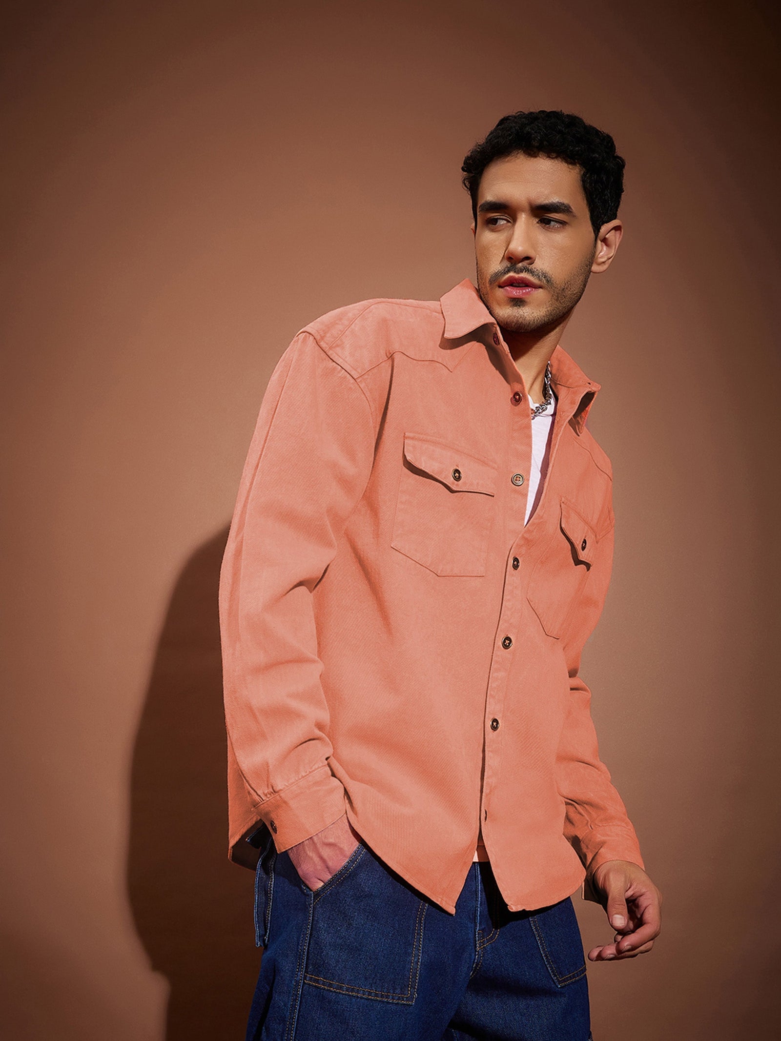 Orange Washed Denim Oversized Shirt-MASCLN SASSAFRAS