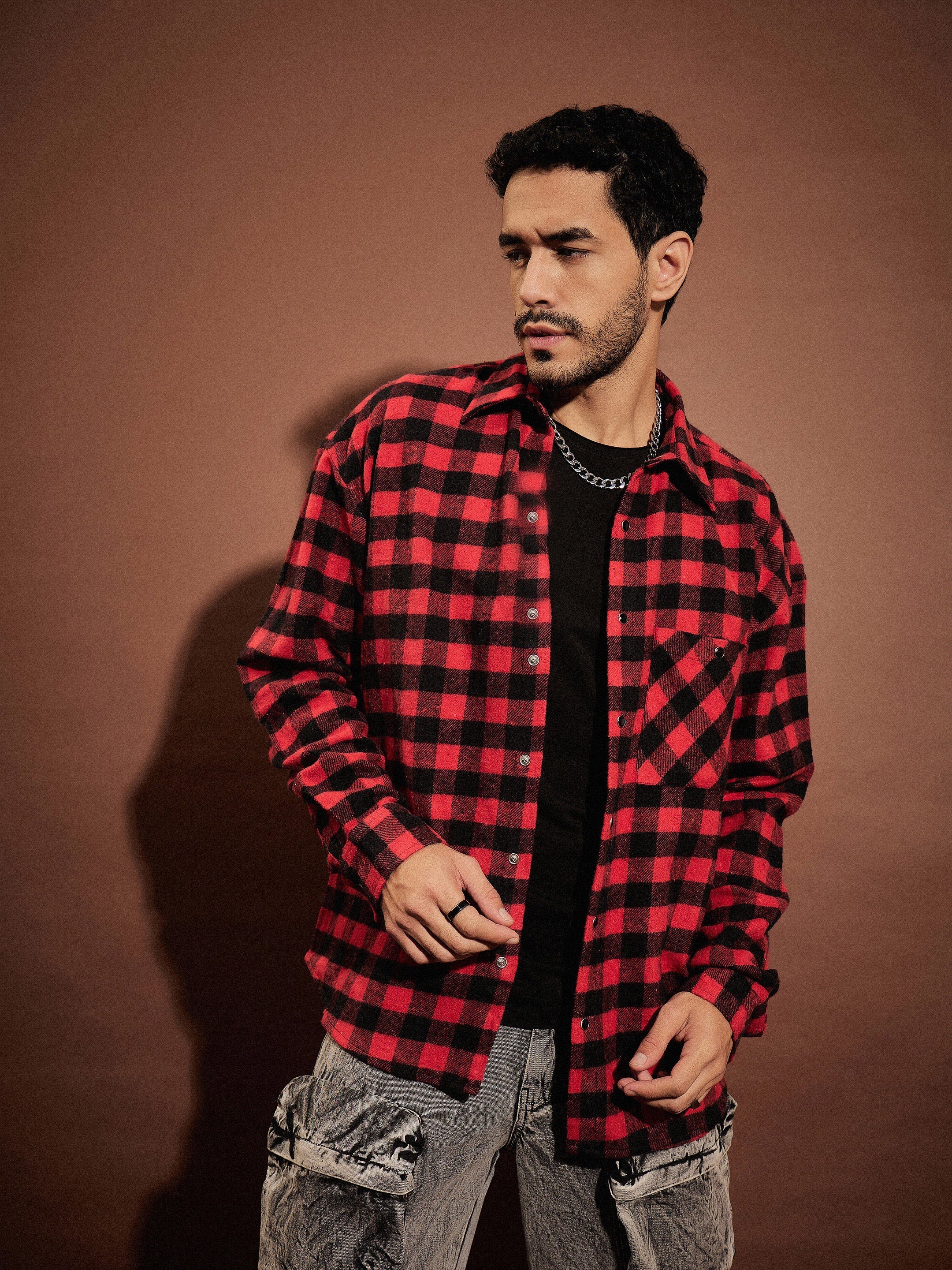 Red & Black Check Oversized Shirt-MASCLN SASSAFRAS