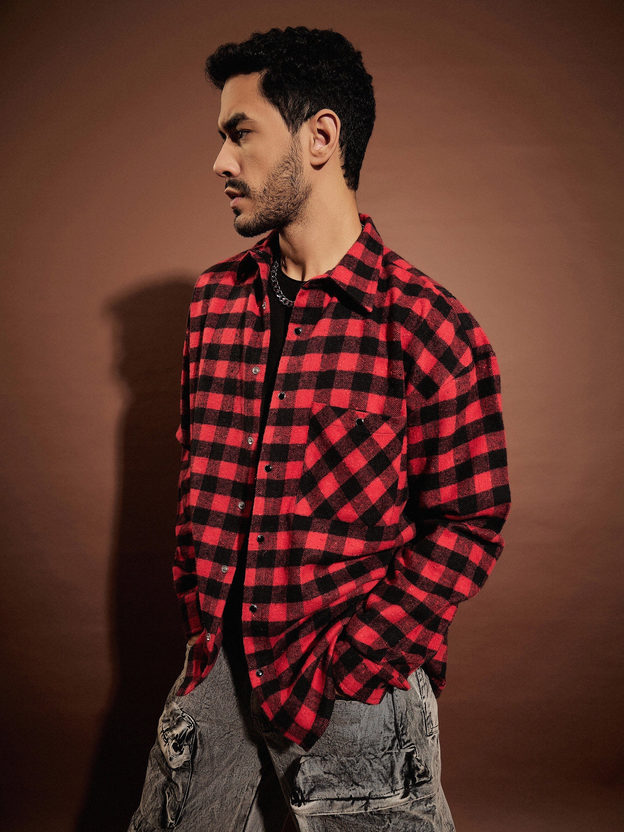 Red & Black Check Oversized Shirt-MASCLN SASSAFRAS