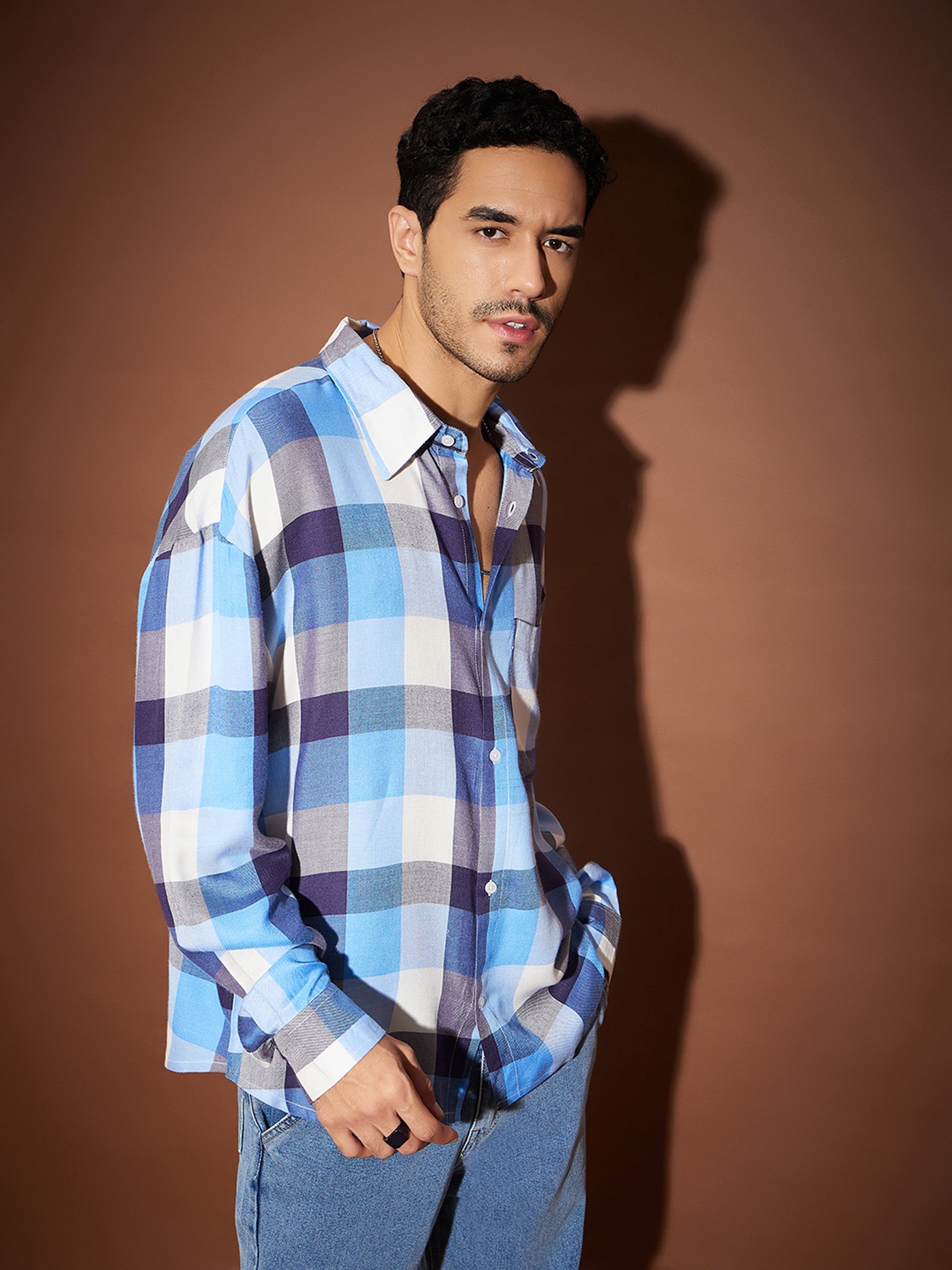 Men Blue & White Check Oversized Shirt