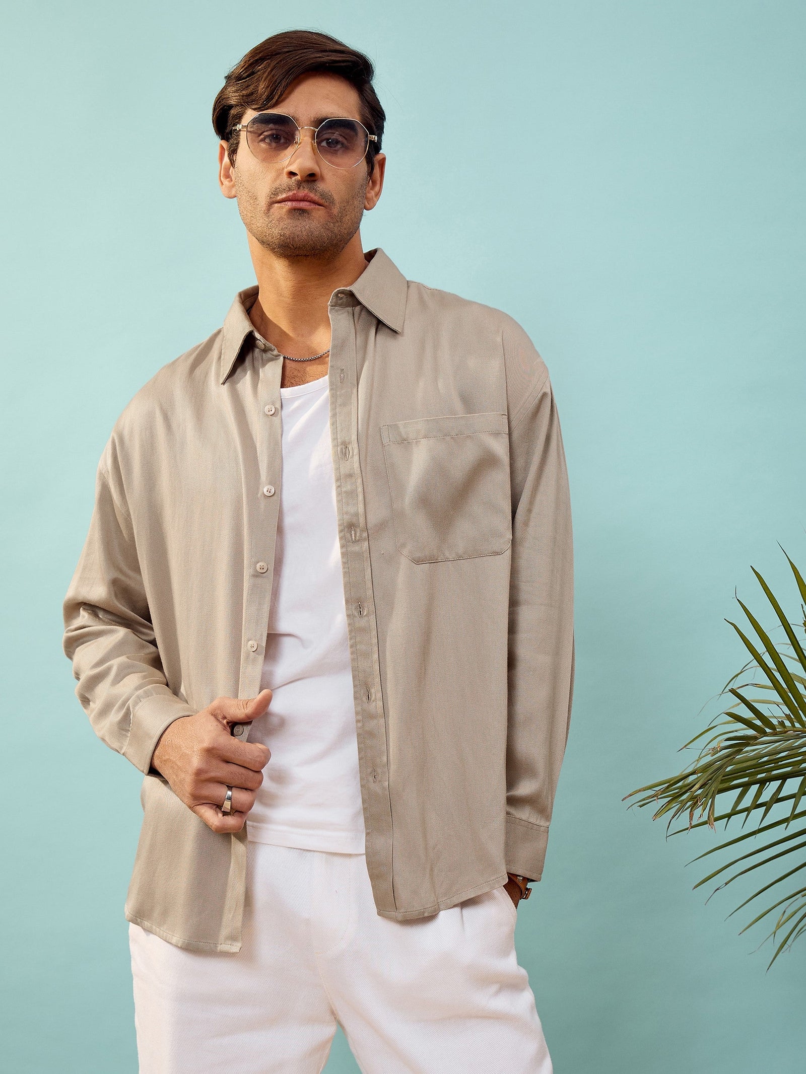 Men Beige Twill Oversize Shirt