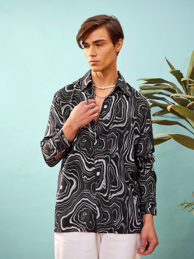 Black & White Marble Print Relax Fit Shirt-MASCLN SASSAFRAS