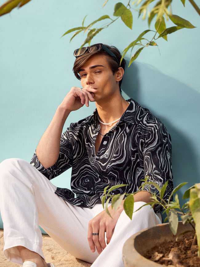 Black & White Marble Print Relax Fit Shirt-MASCLN SASSAFRAS
