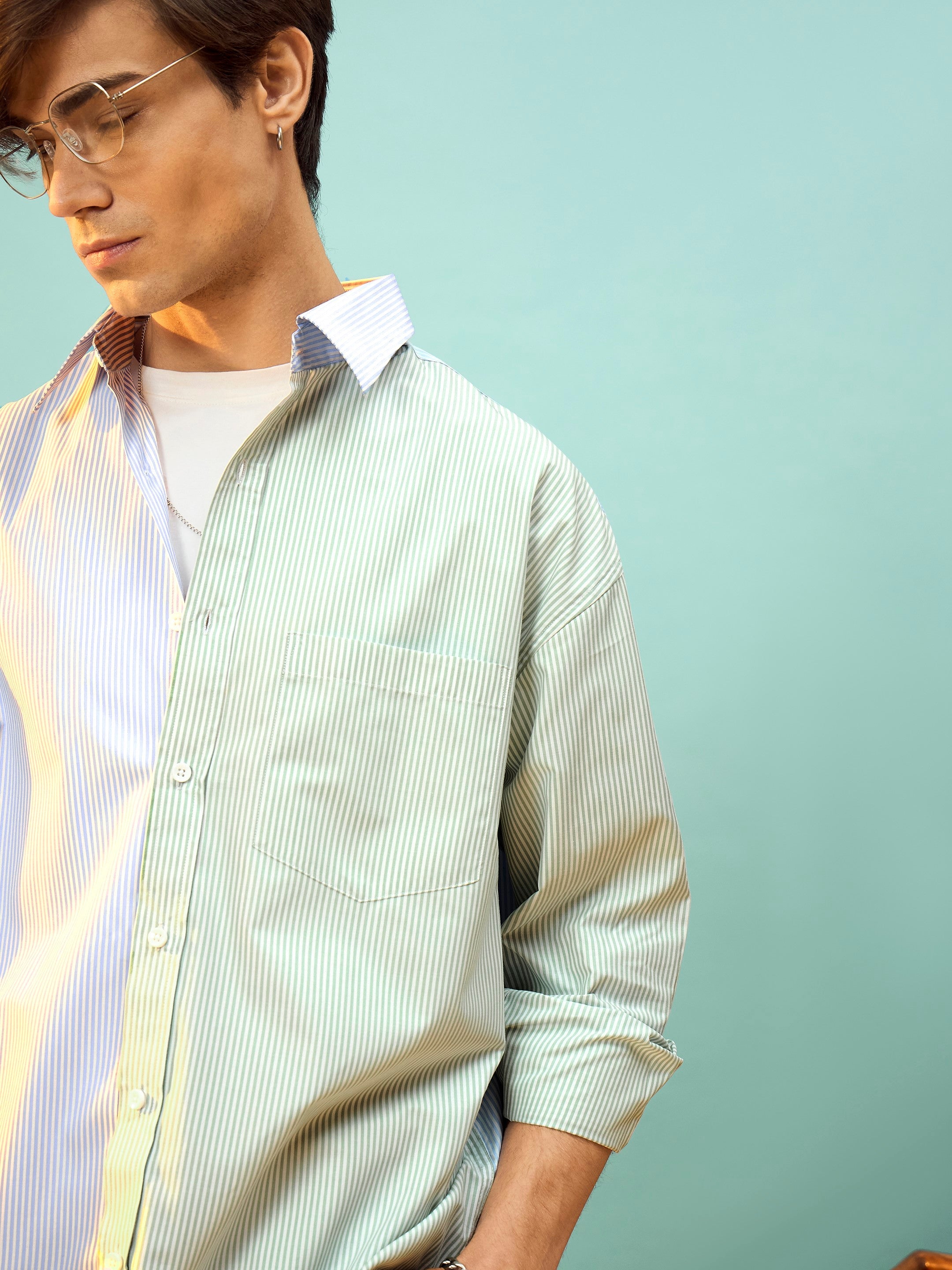 Men Blue & White Stripe Color Block Oversize Shirt