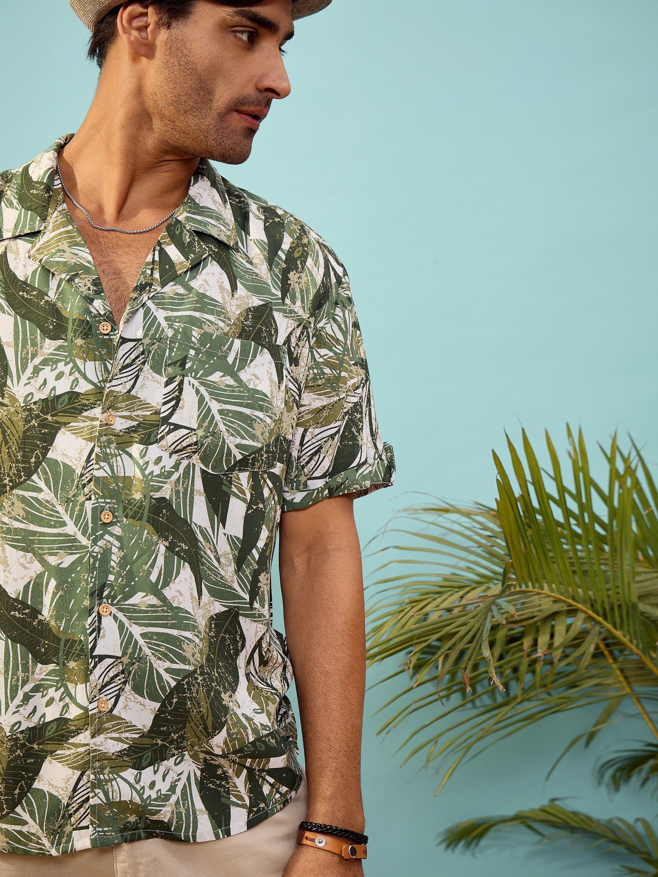 Unisex Olive Tropical Printed Relax Fit Shirt