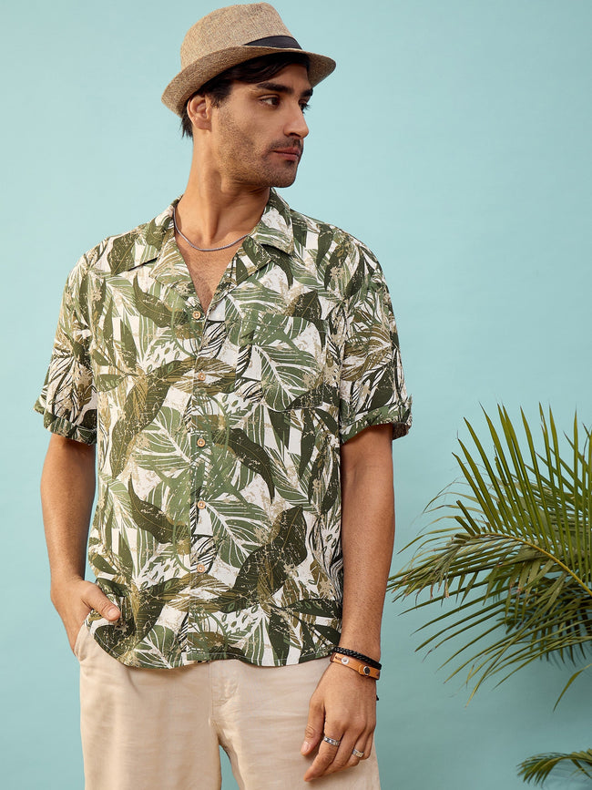 Unisex Olive Tropical Printed Relax Fit Shirt