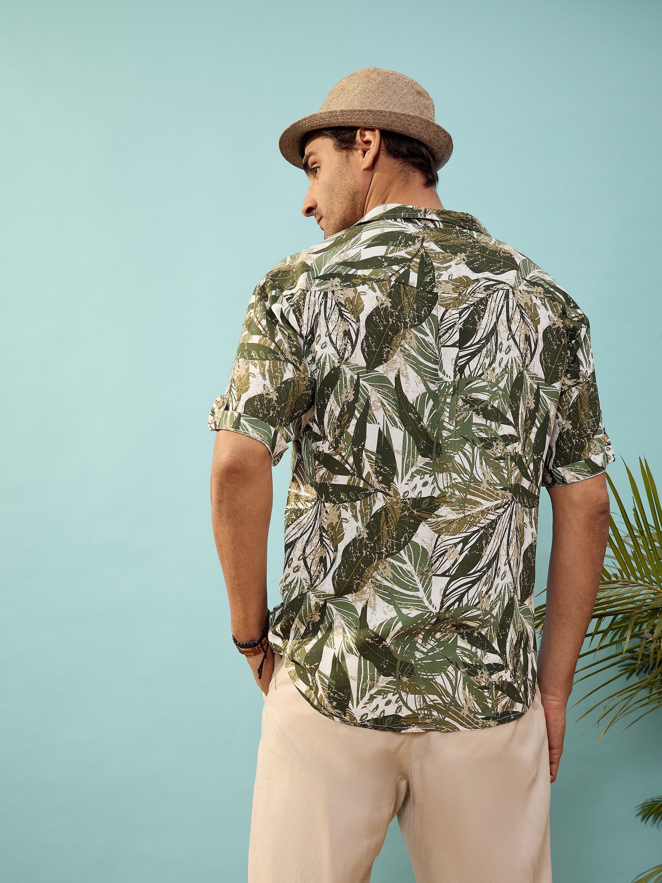 Unisex Olive Tropical Printed Relax Fit Shirt