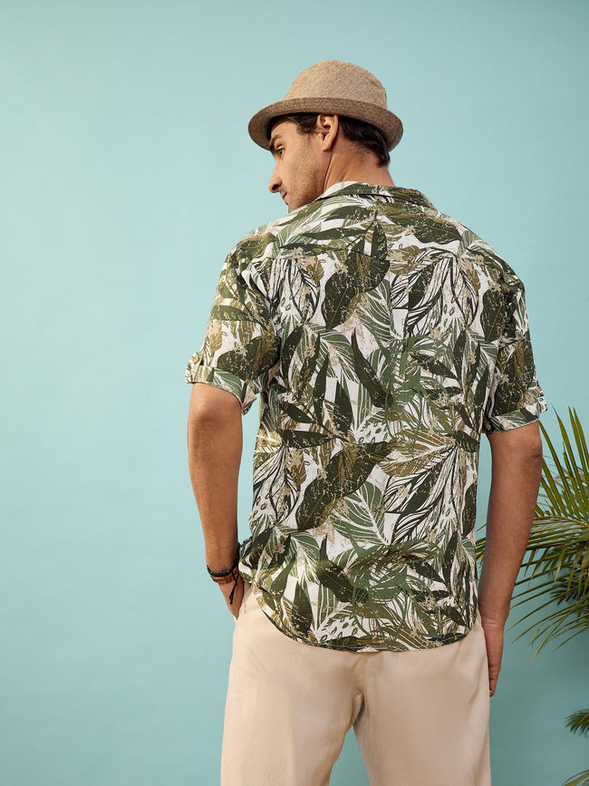 Unisex Olive Tropical Printed Relax Fit Shirt