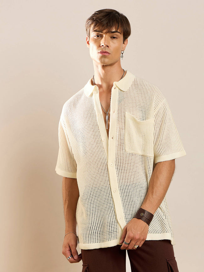 White Crochet Knit Oversize Shirt-MASCLN SASSAFRAS