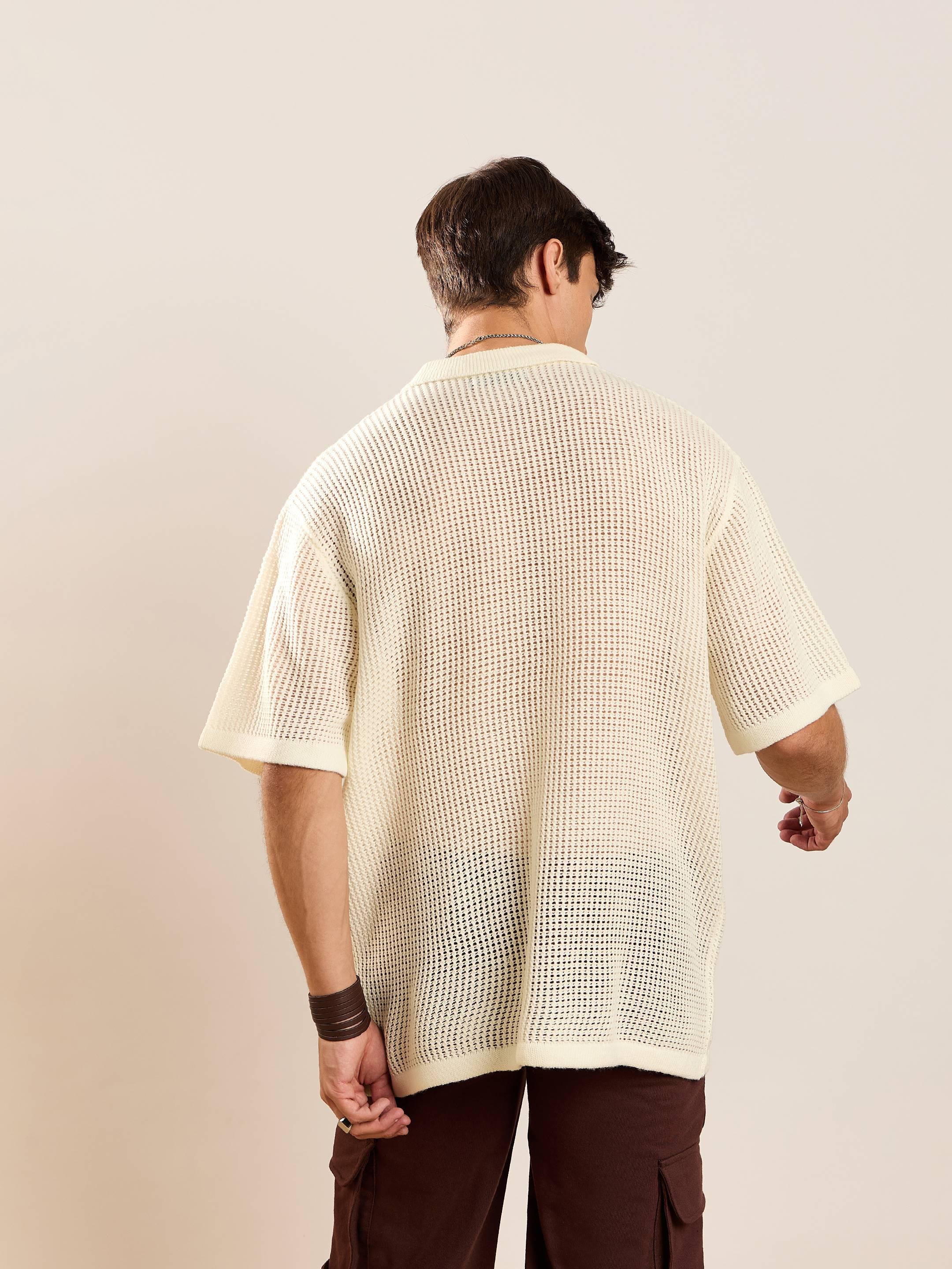 White Crochet Knit Oversize Shirt-MASCLN SASSAFRAS