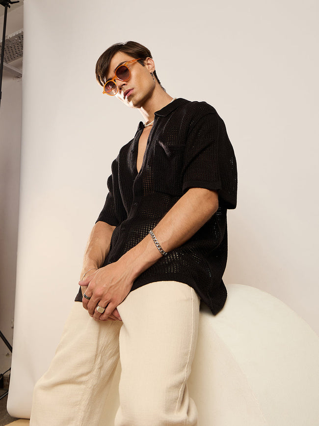 Black Crochet Knit Oversize Shirt-MASCLN SASSAFRAS