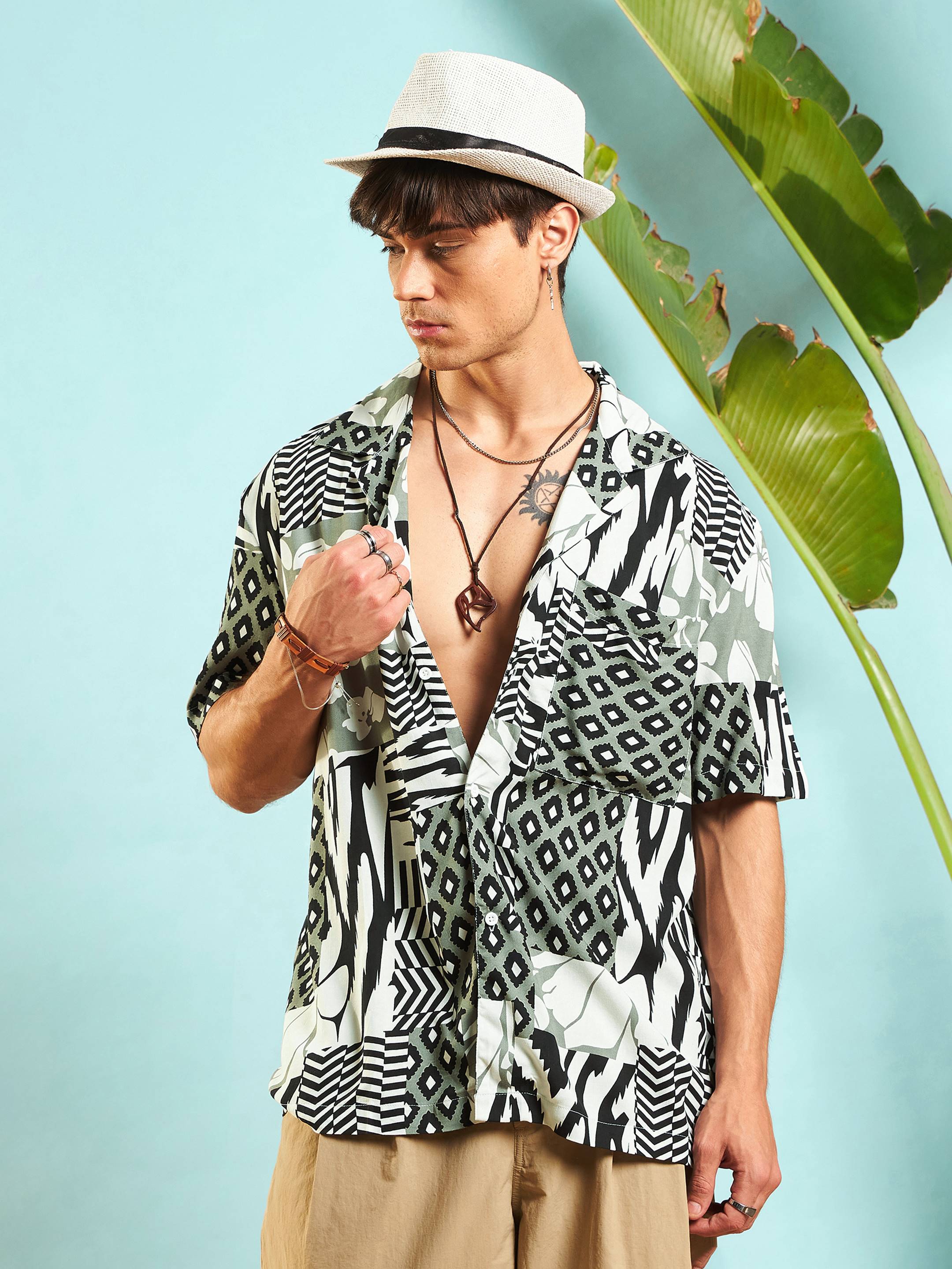 Men White & Black Leopard Relax Fit Shirt