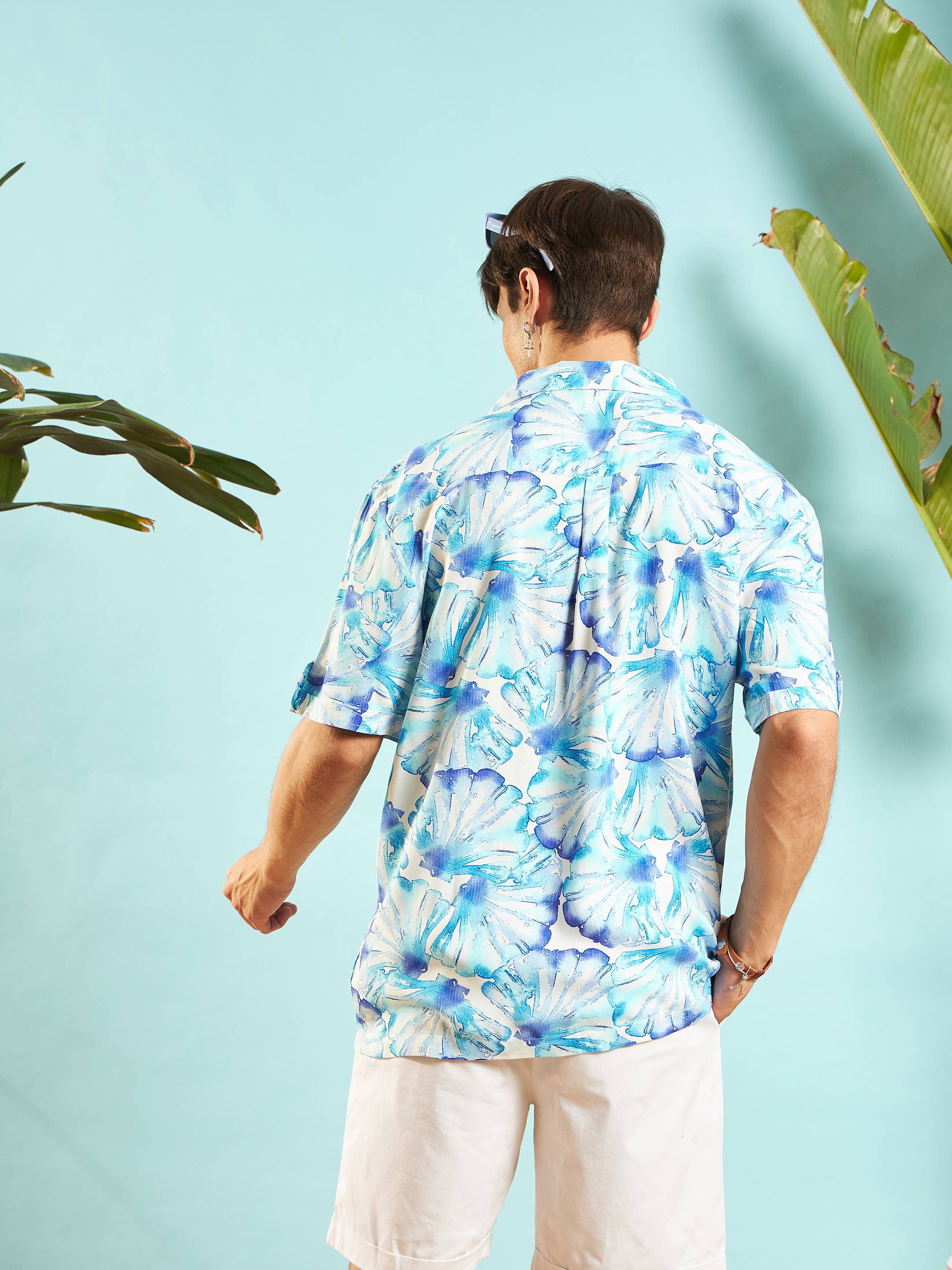 White & Blue Floral Rollup Sleeves Relax Fit Shirt-MASCLN SASSAFRAS