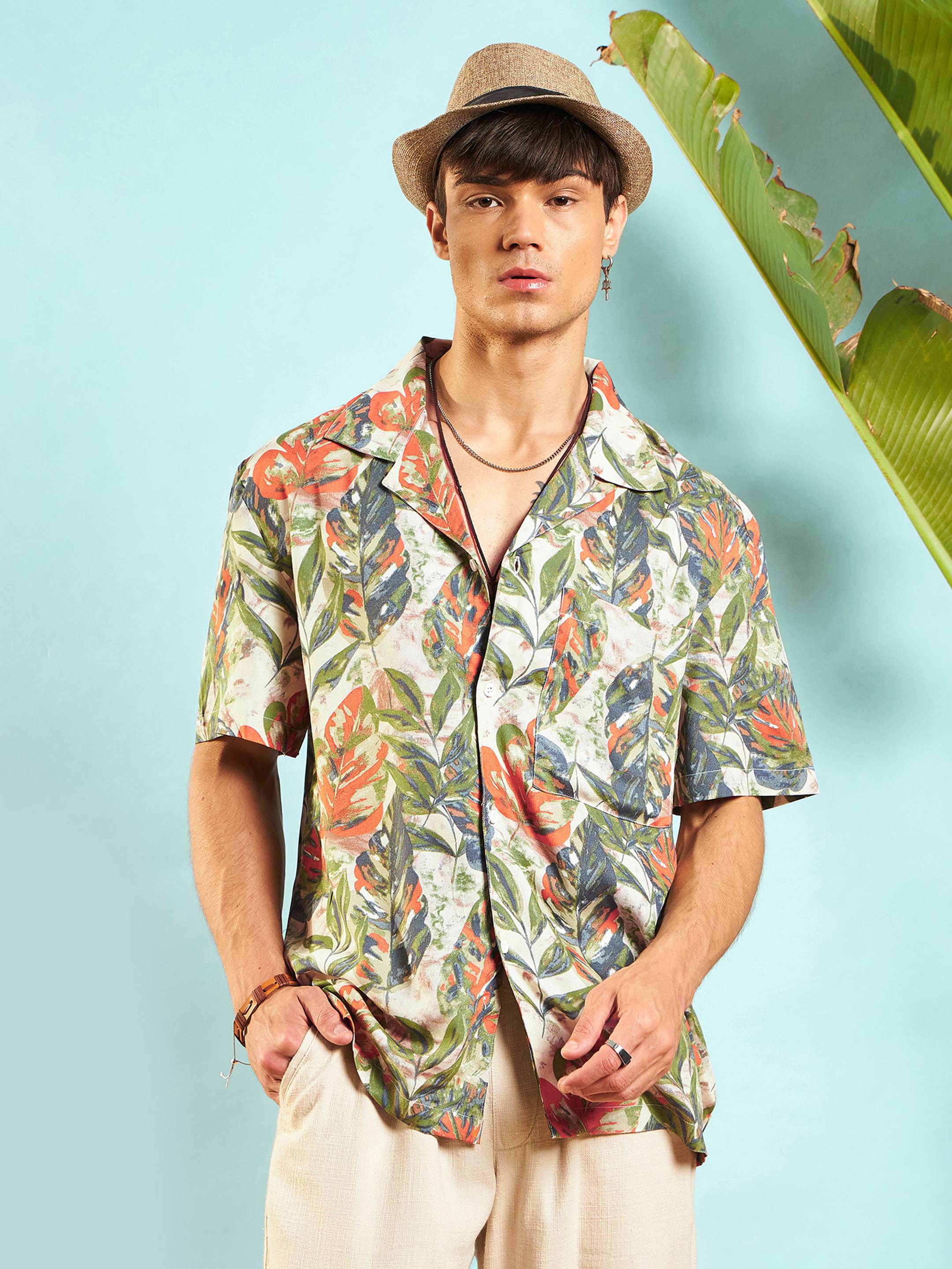 Men Beige Tropical Printed Relax Fit Shirt