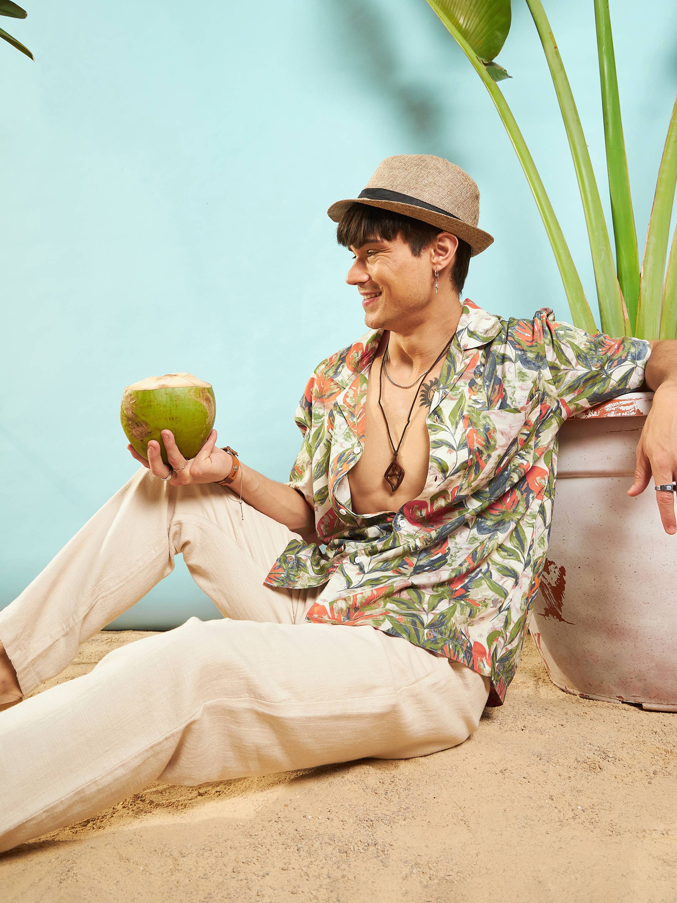 Men Beige Tropical Printed Relax Fit Shirt