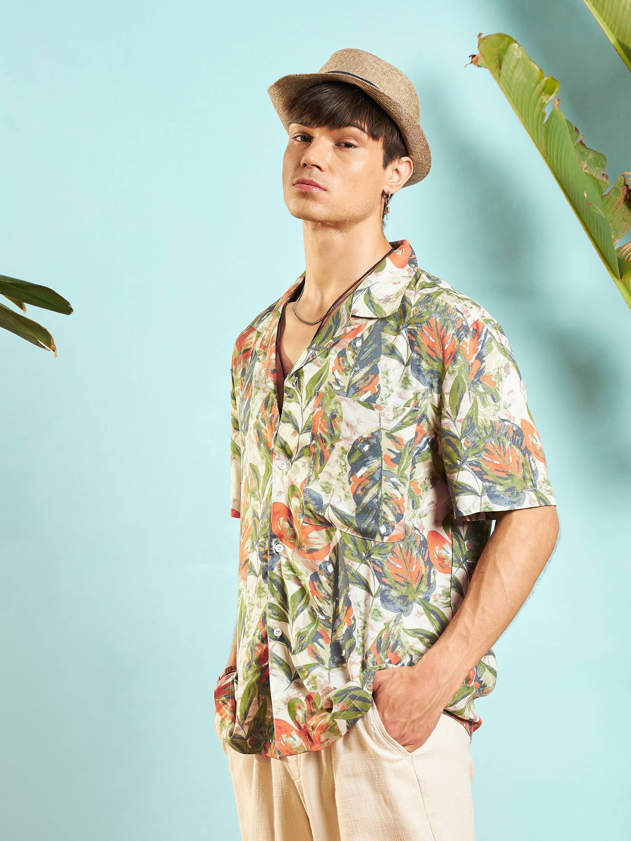 Men Beige Tropical Printed Relax Fit Shirt