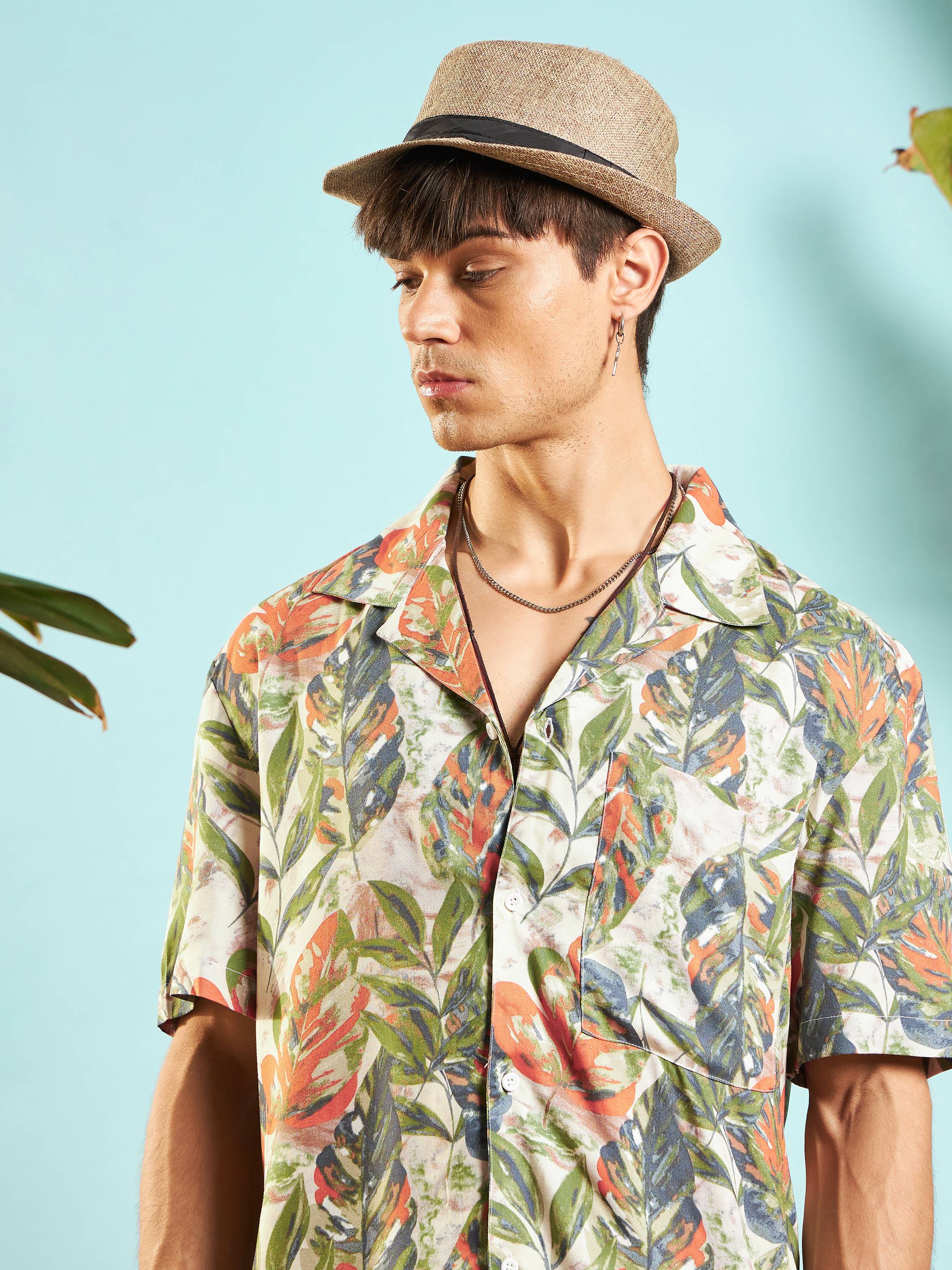 Men Beige Tropical Printed Relax Fit Shirt