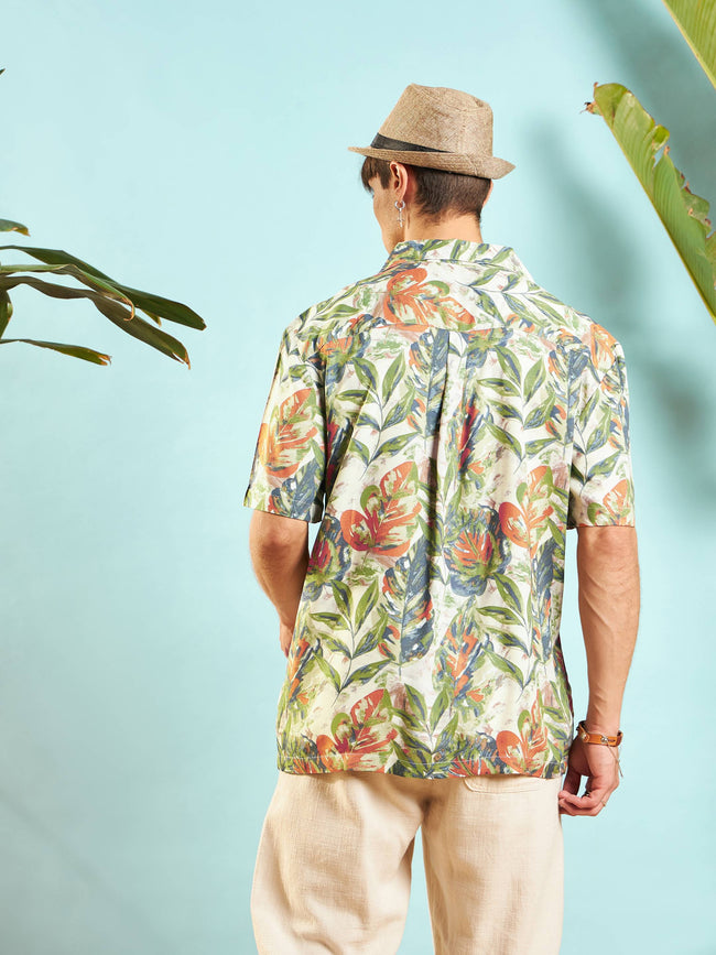 Men Beige Tropical Printed Relax Fit Shirt