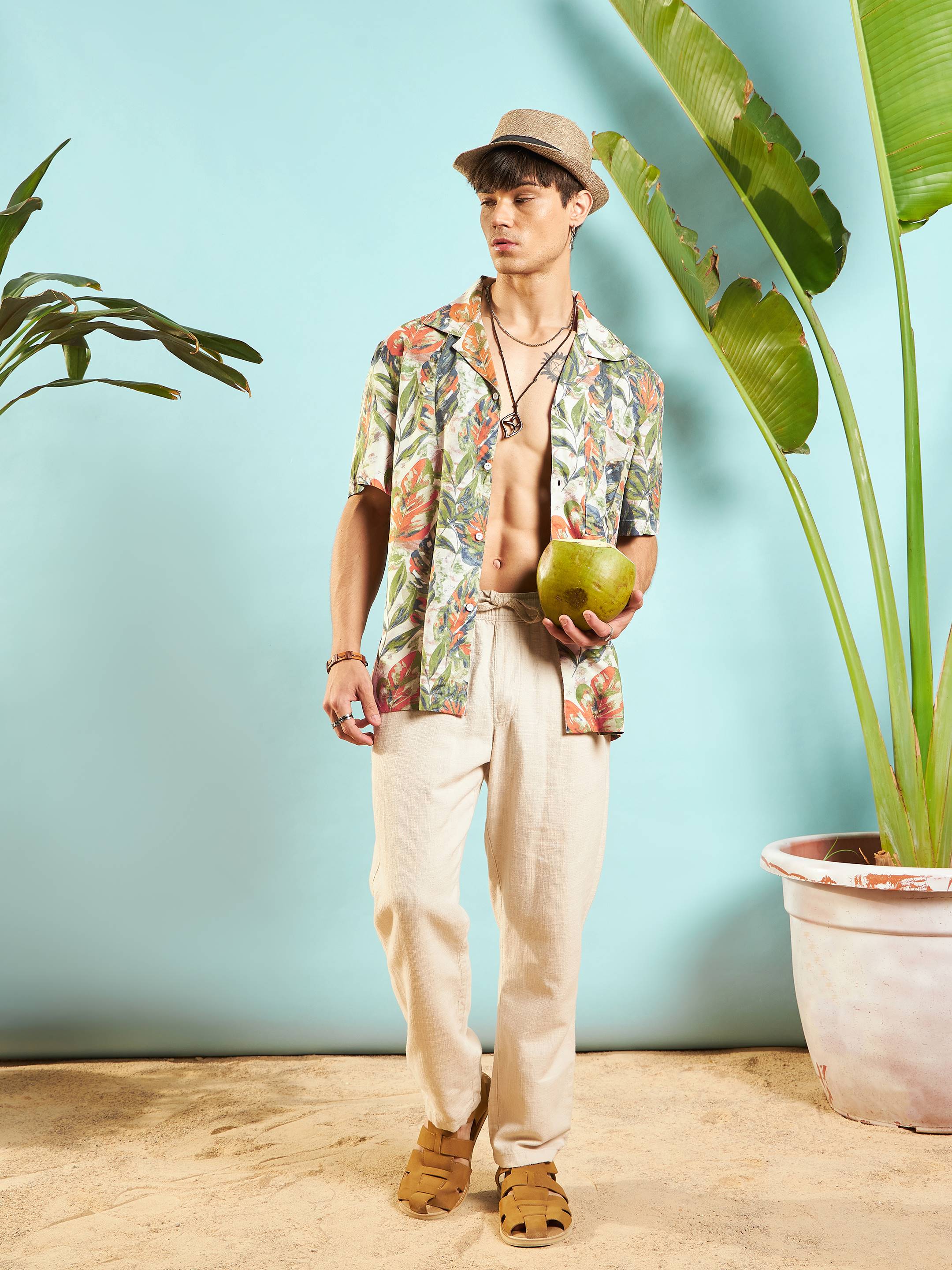 Men Beige Tropical Printed Relax Fit Shirt