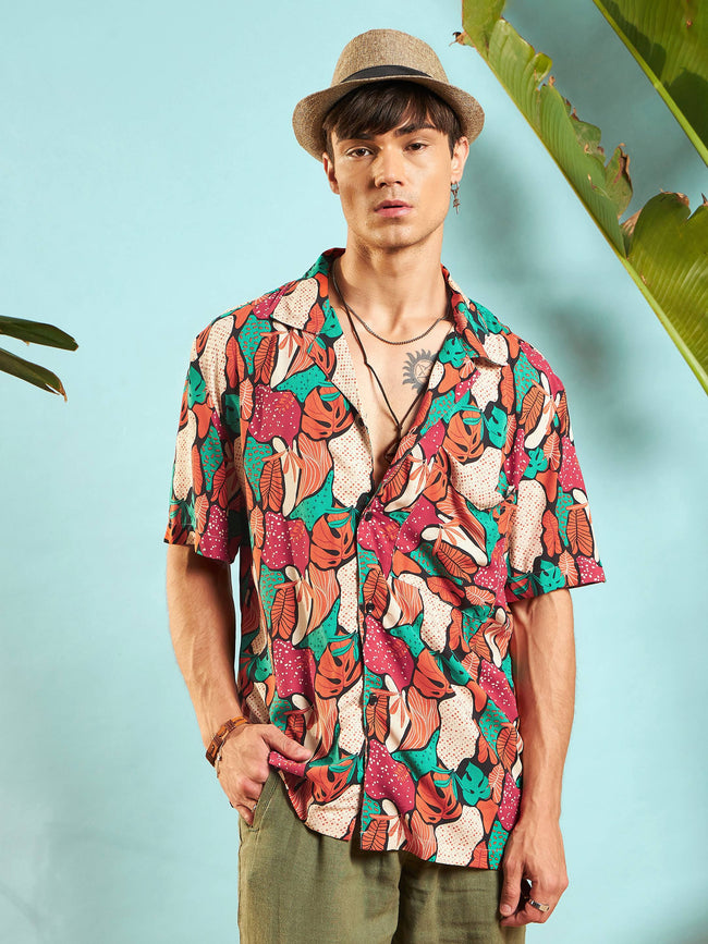 Men Orange Multi Color Tropical Print Relax Fit Shirt