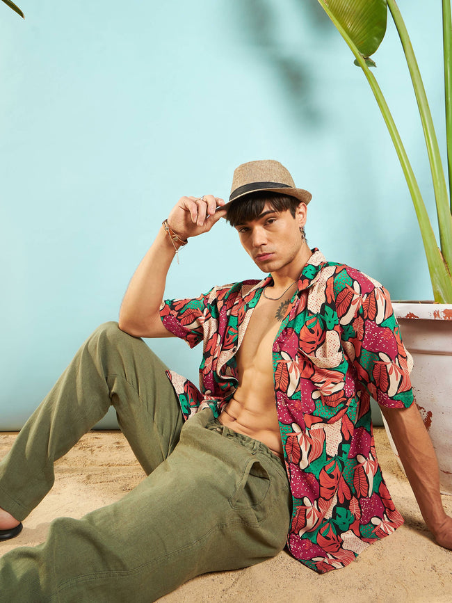 Men Orange Multi Color Tropical Print Relax Fit Shirt