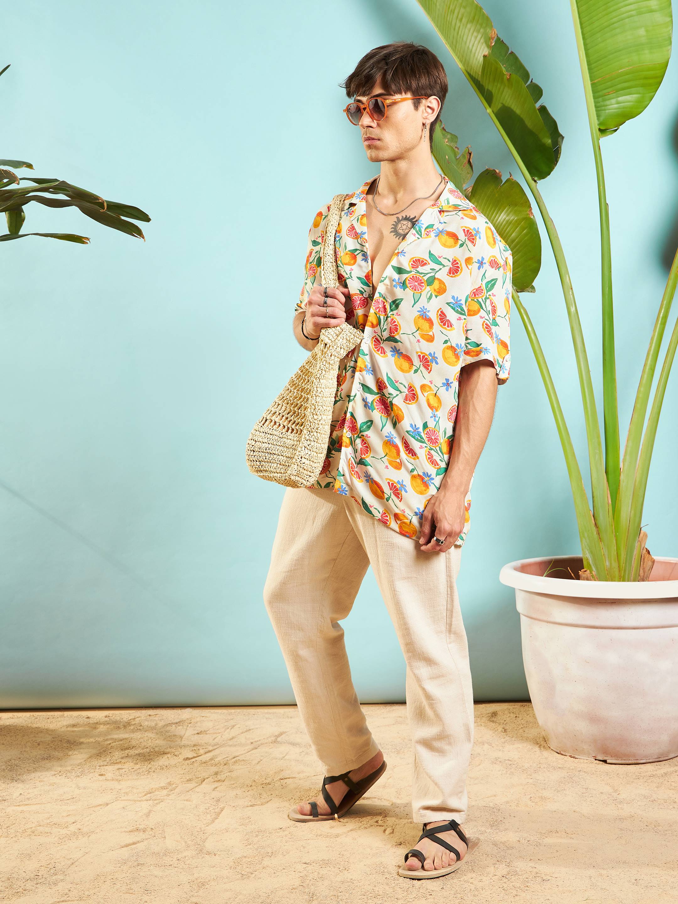 Men Beige Fruit Print Relax Fit Shirt