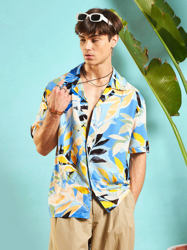 Blue Tropical Print Box Pleat Relax Fit Shirt-MASCLN SASSAFRAS