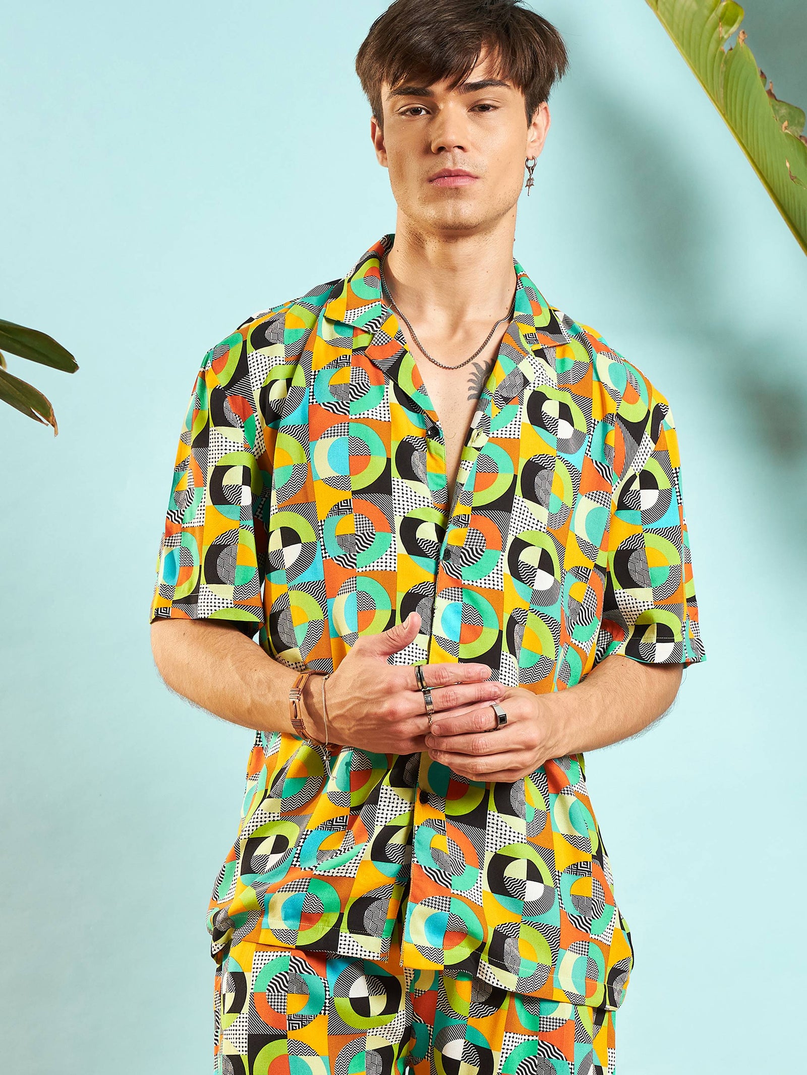 Green Multi Colour Geometric Relax Fit Shirt-MASCLN SASSAFRAS