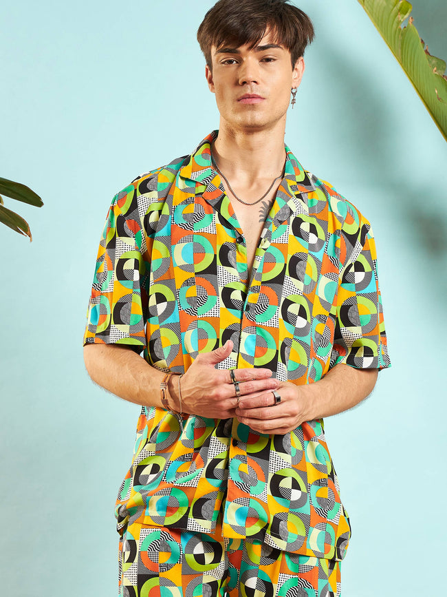 Men Green Multi Color Geometric Relax Fit Shirt