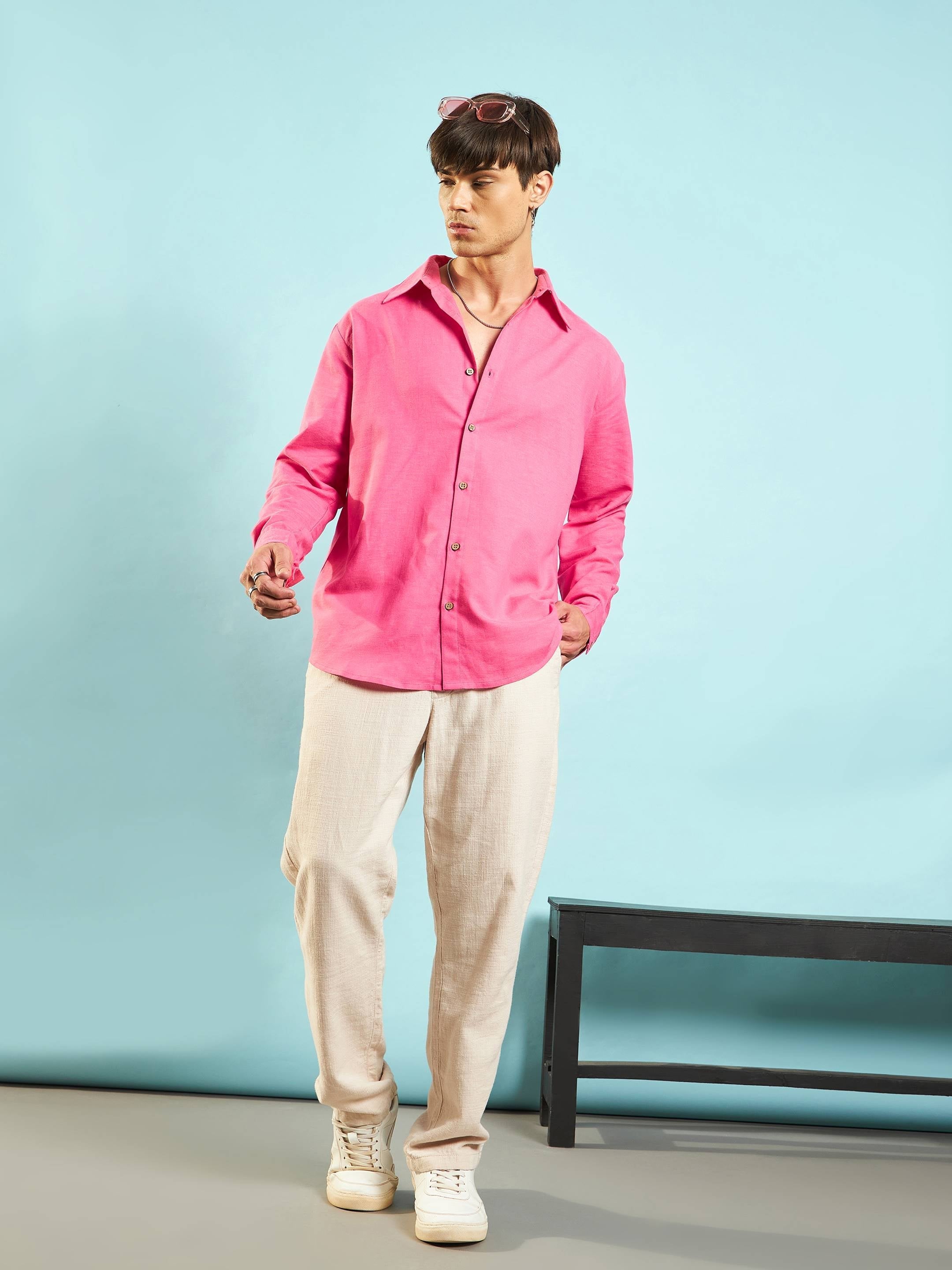 Men Pink Linen Flex Relax Fit Shirt