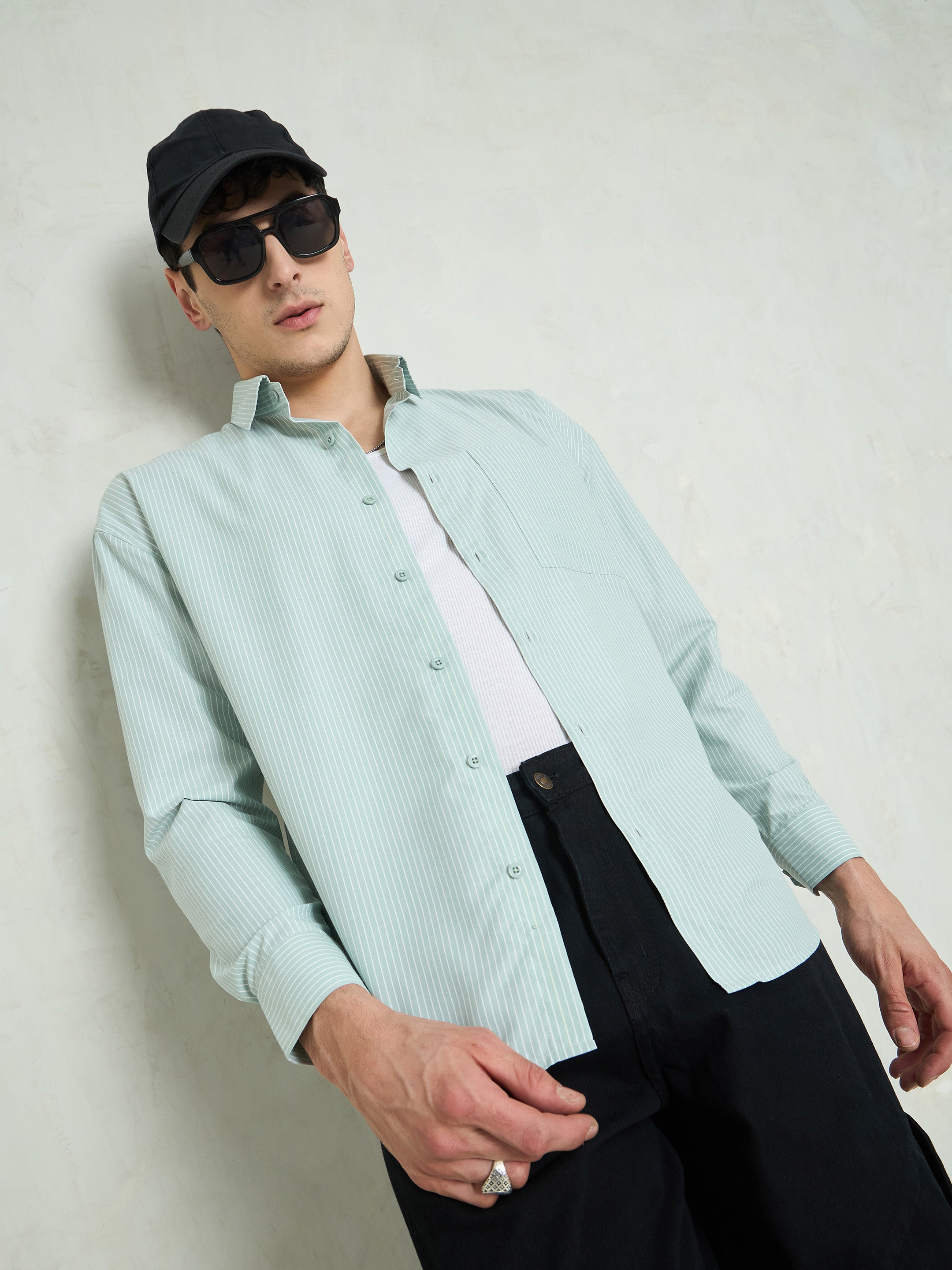 Men Green & White Striped Basic Relax Fit Shirt