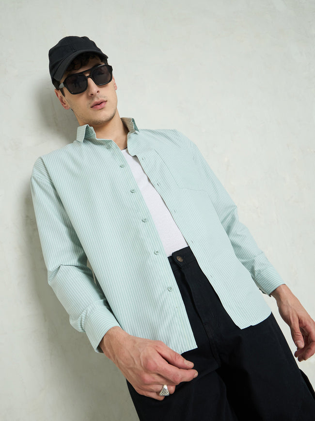 Men Green & White Striped Basic Relax Fit Shirt