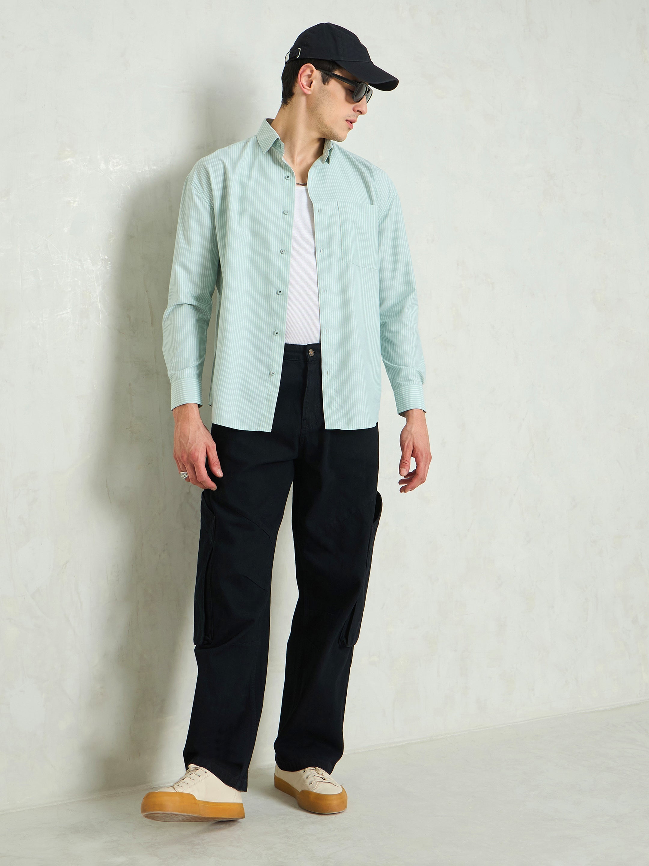 Men Green & White Striped Basic Relax Fit Shirt