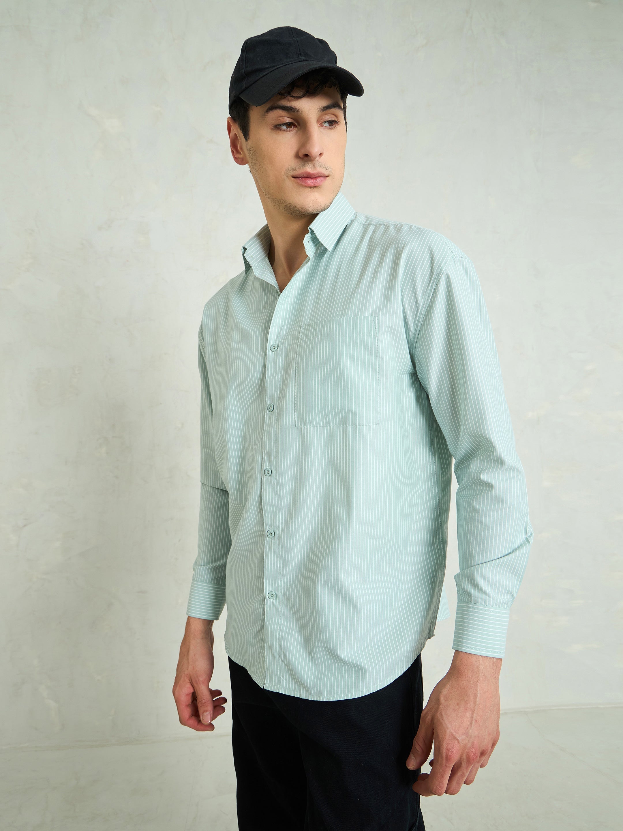 Men Green & White Striped Basic Relax Fit Shirt