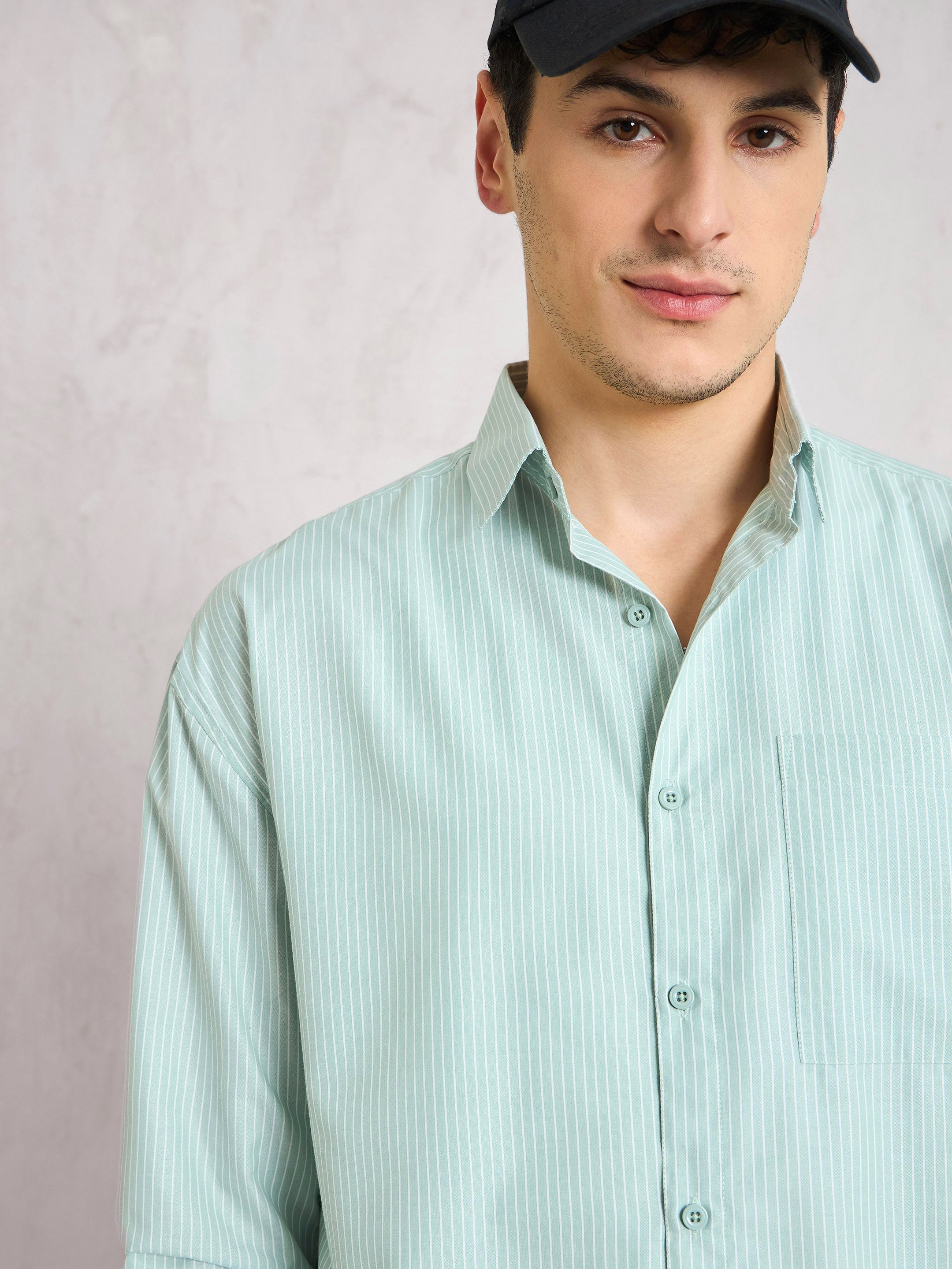 Men Green & White Striped Basic Relax Fit Shirt
