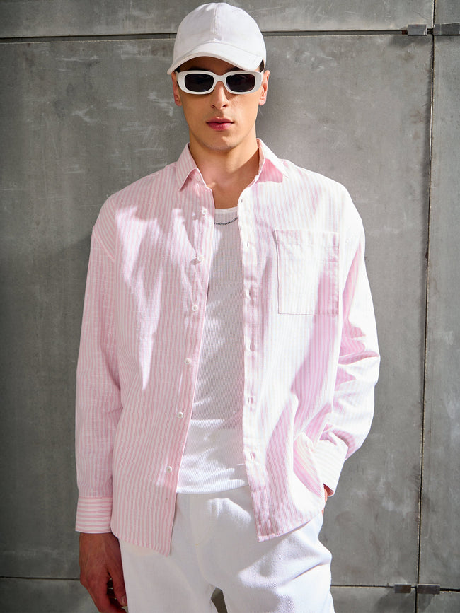 Men White & Pink Stripe Basic Relax Fit Shirt