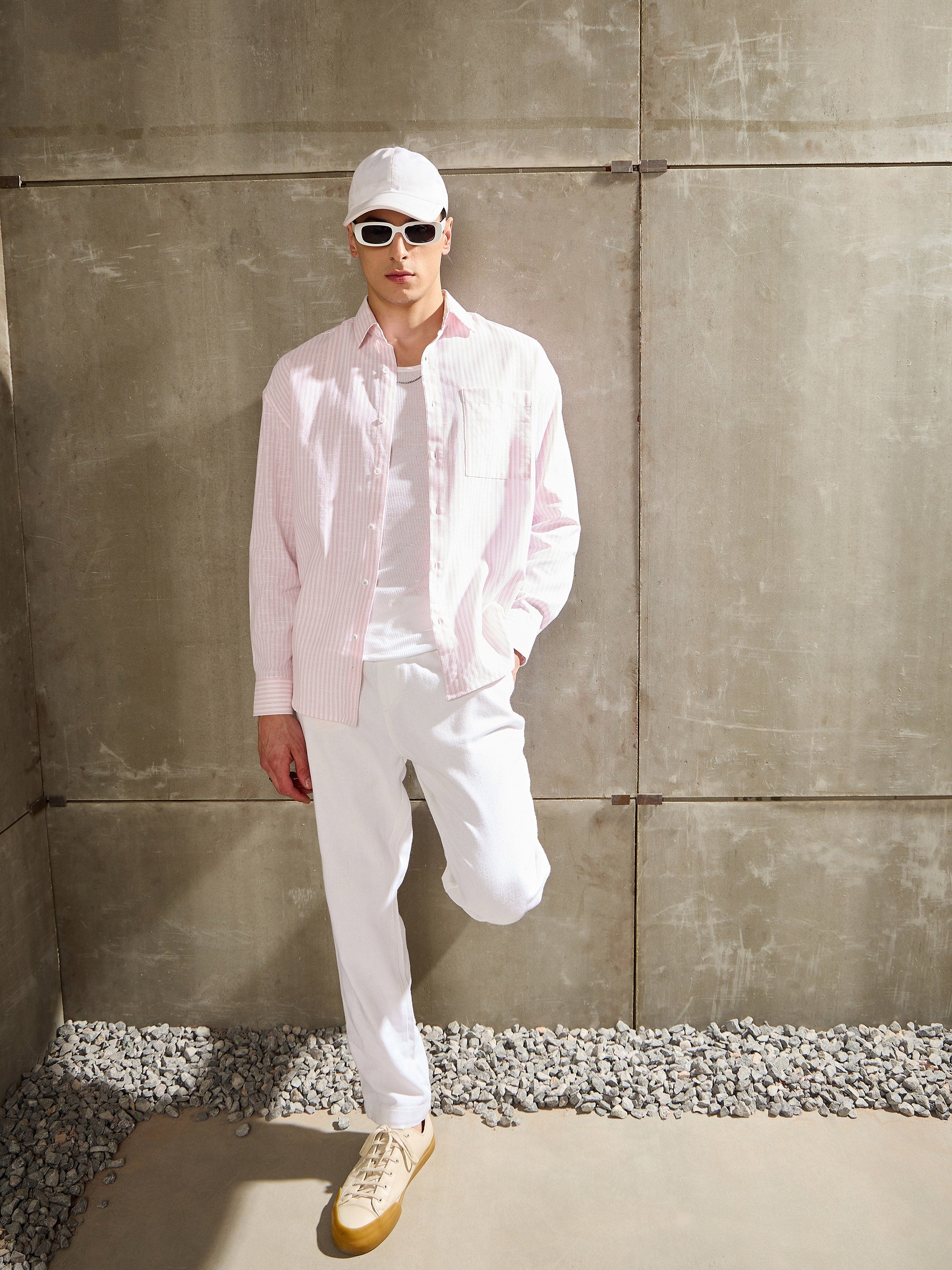 Men White & Pink Stripe Basic Relax Fit Shirt