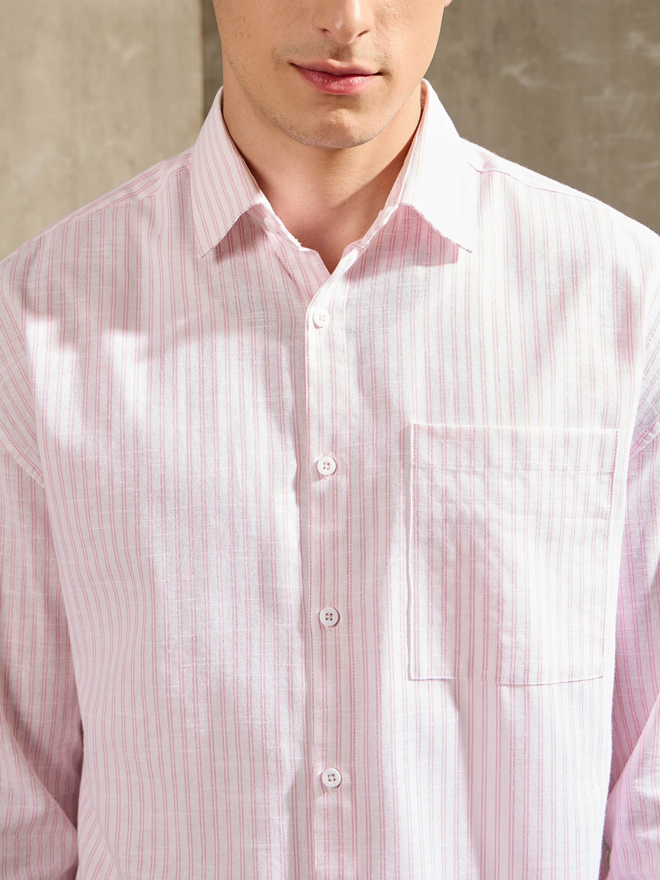 Men White & Pink Stripe Basic Relax Fit Shirt