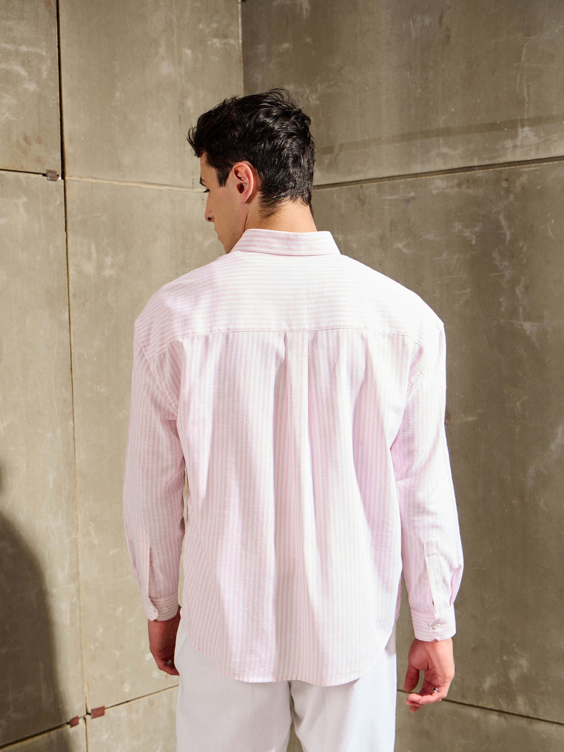 Men White & Pink Stripe Basic Relax Fit Shirt