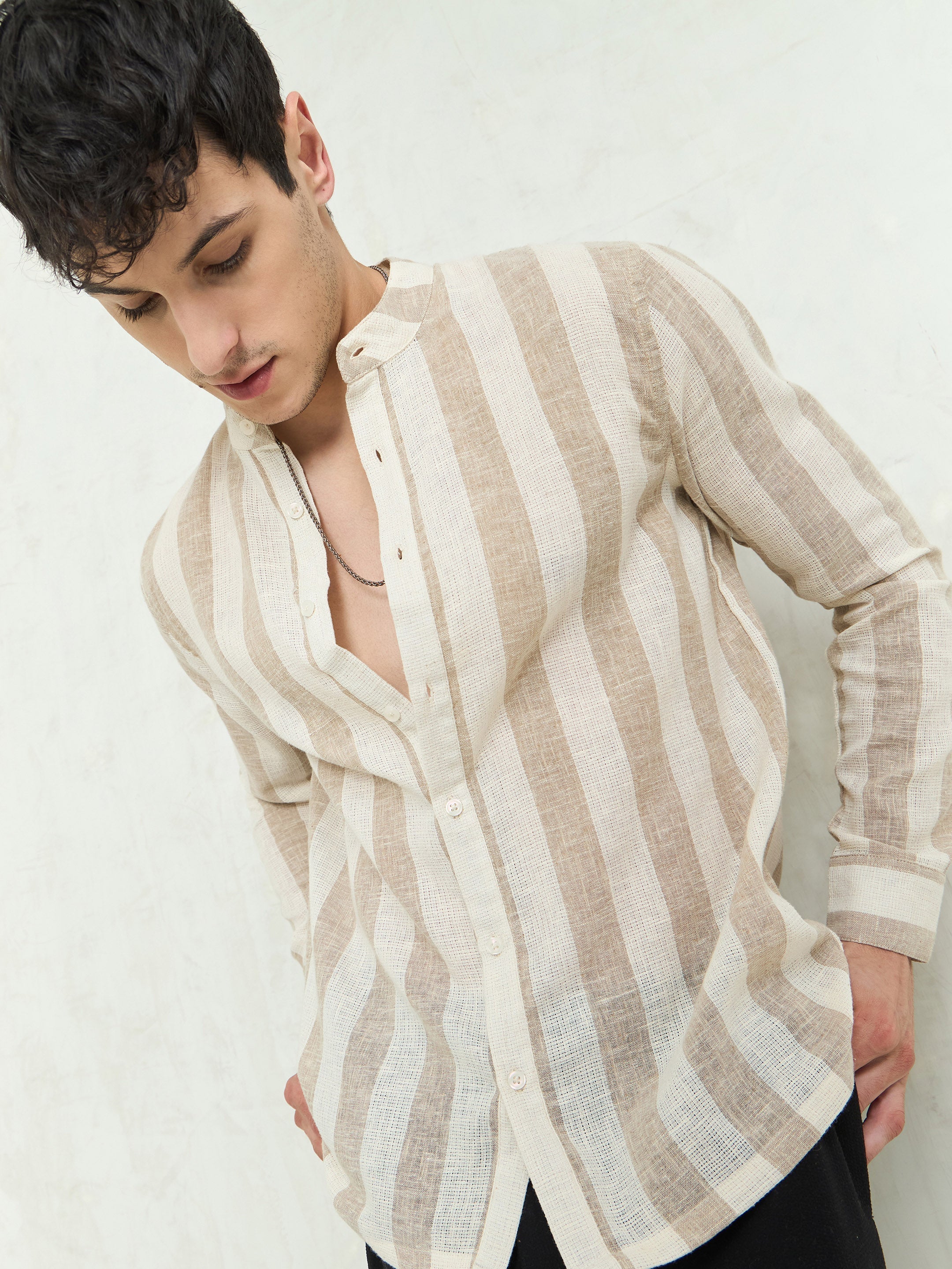 Men Brown & Beige Cotton Striped Mandarin Collar Relax Fit Shirt