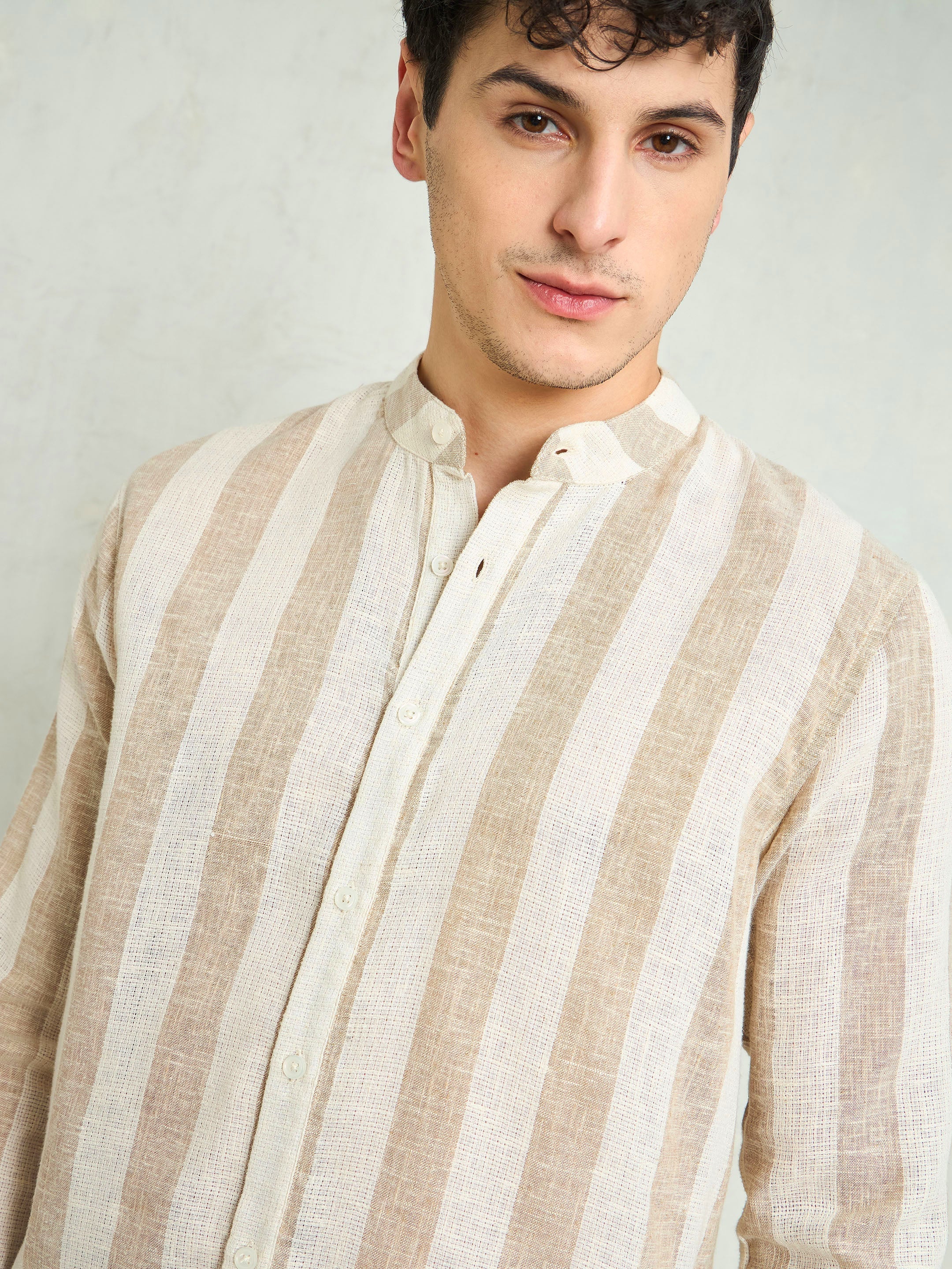 Men Brown & Beige Cotton Striped Mandarin Collar Relax Fit Shirt