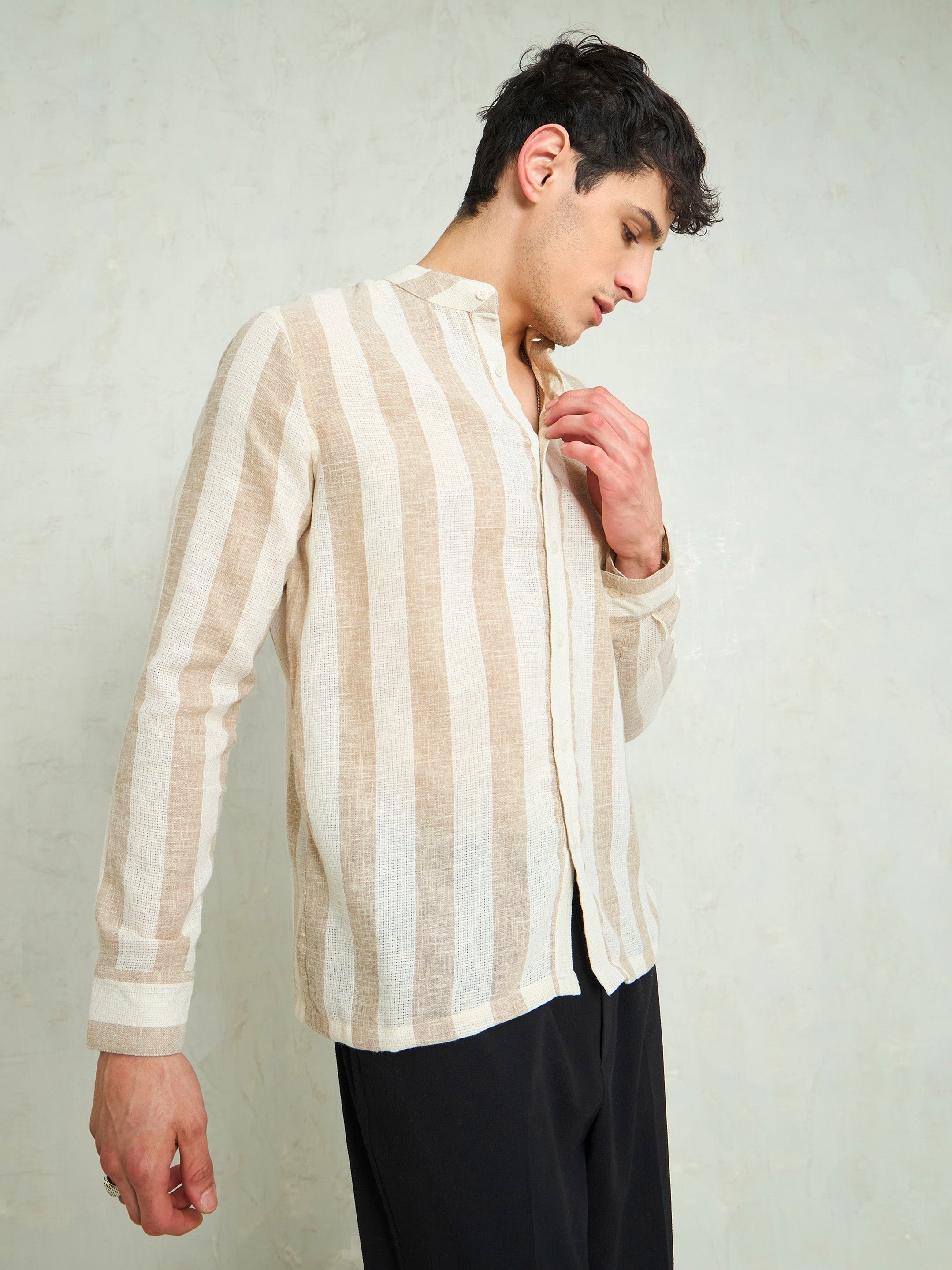 Men Brown & Beige Cotton Striped Mandarin Collar Relax Fit Shirt