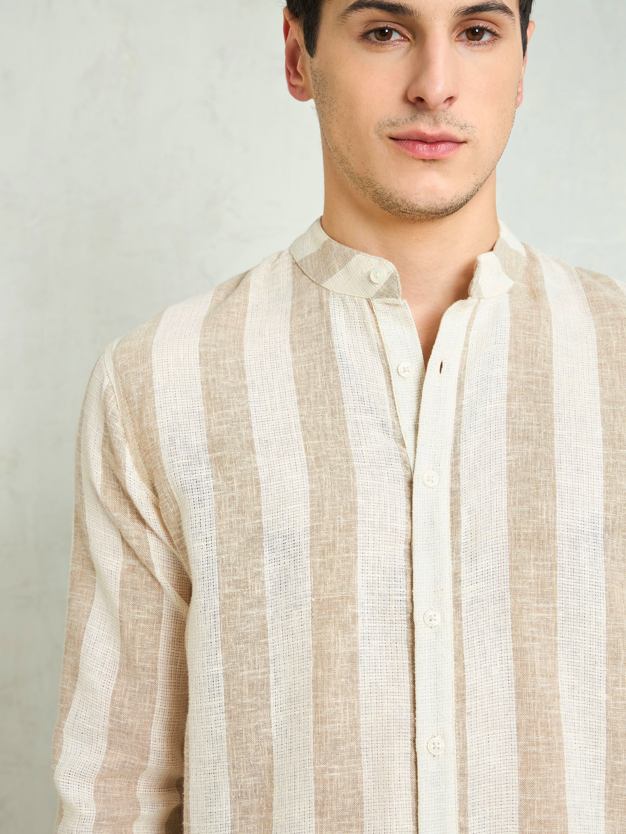 Men Brown & Beige Cotton Striped Mandarin Collar Relax Fit Shirt